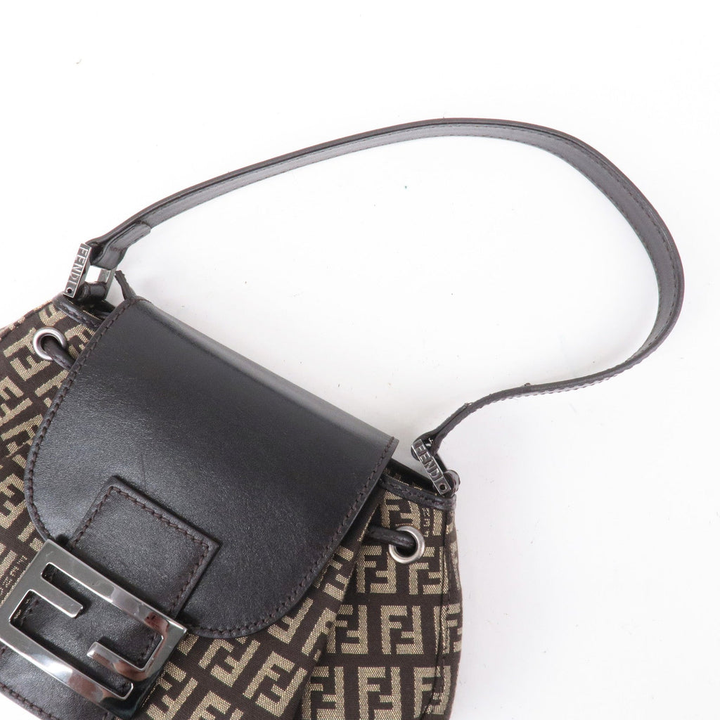 FENDI Zucchino Canvas Leather Shoulder Bag Brown Beige 8BR277