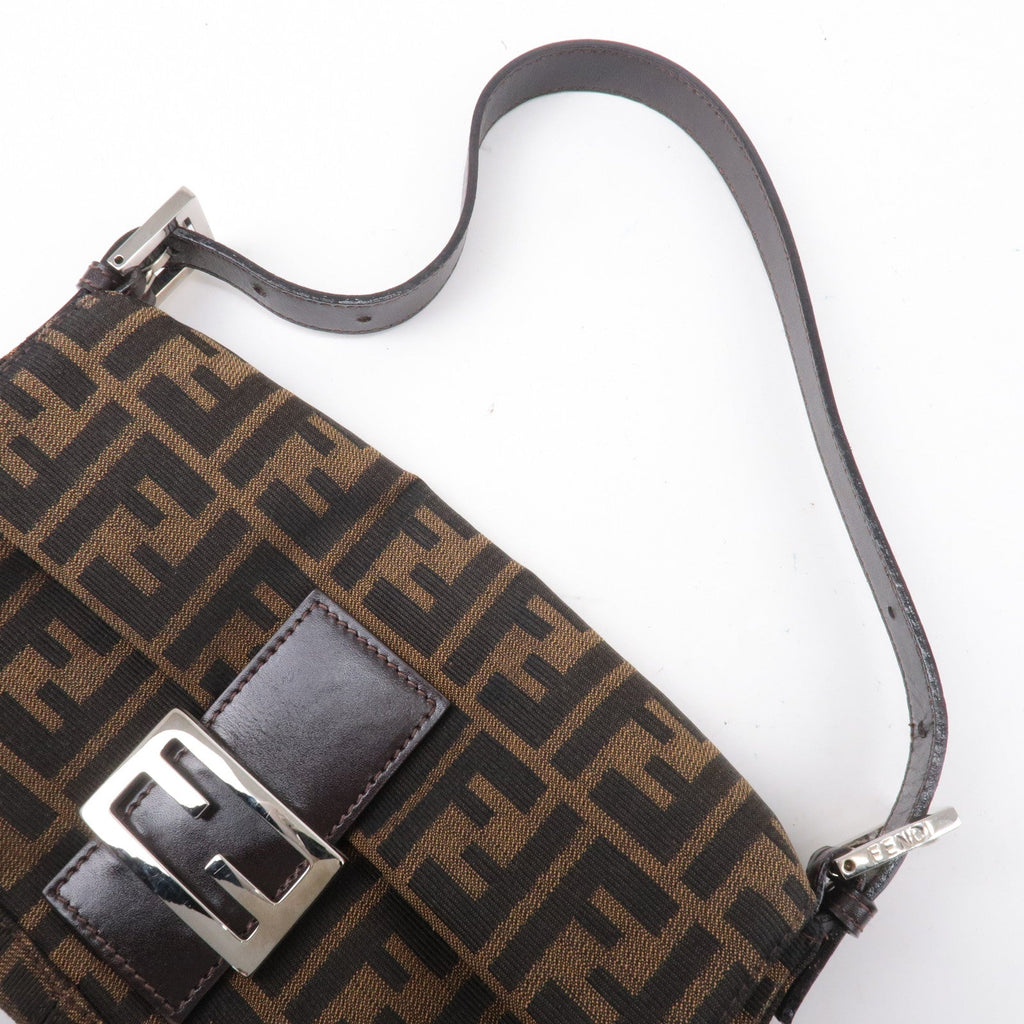 FENDI Mamma Baguette Zucca Canvas Leather Shoulder Bag Brown 26424