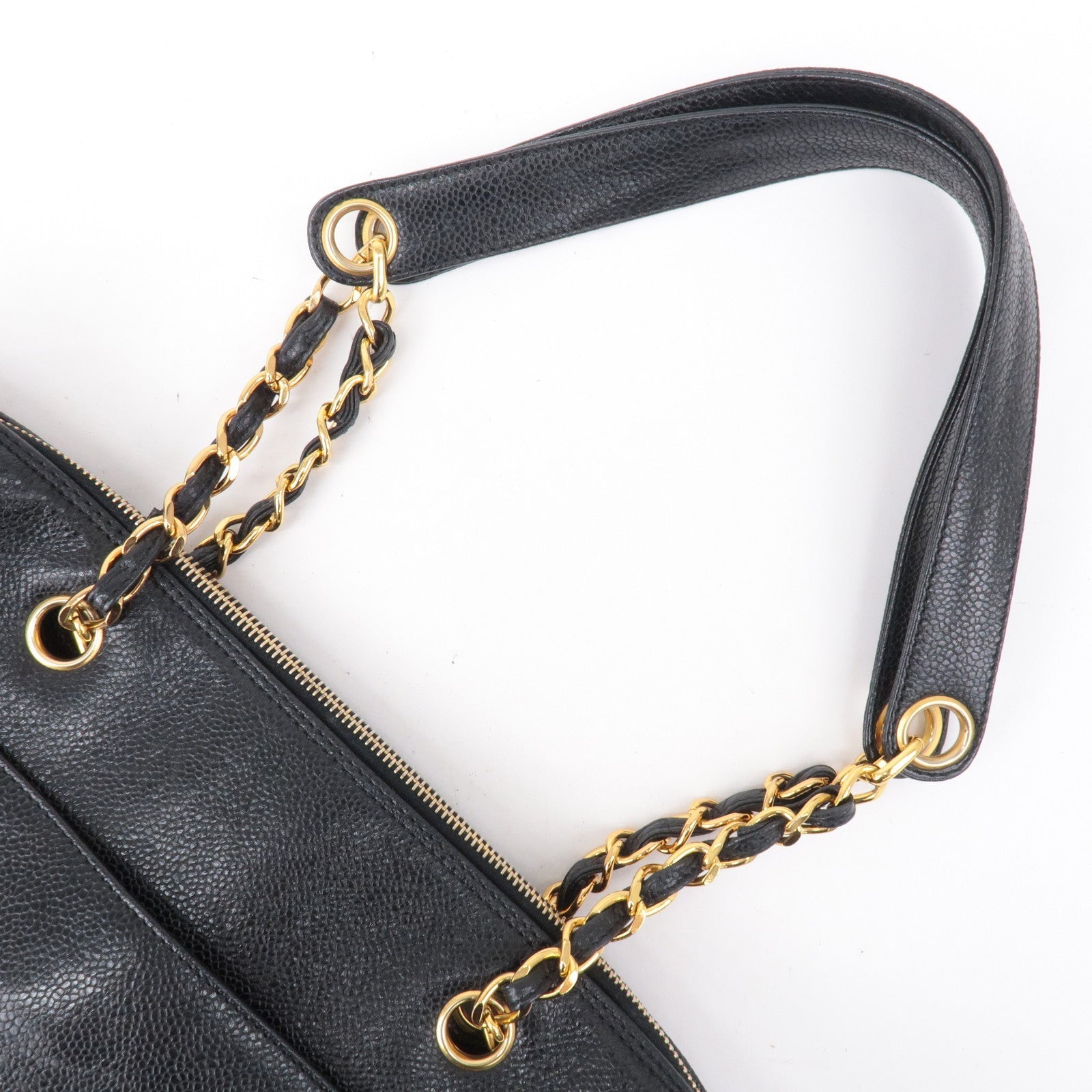 CHANEL Caviar Skin Chain Tote Bag Shoulder Bag Gold Black