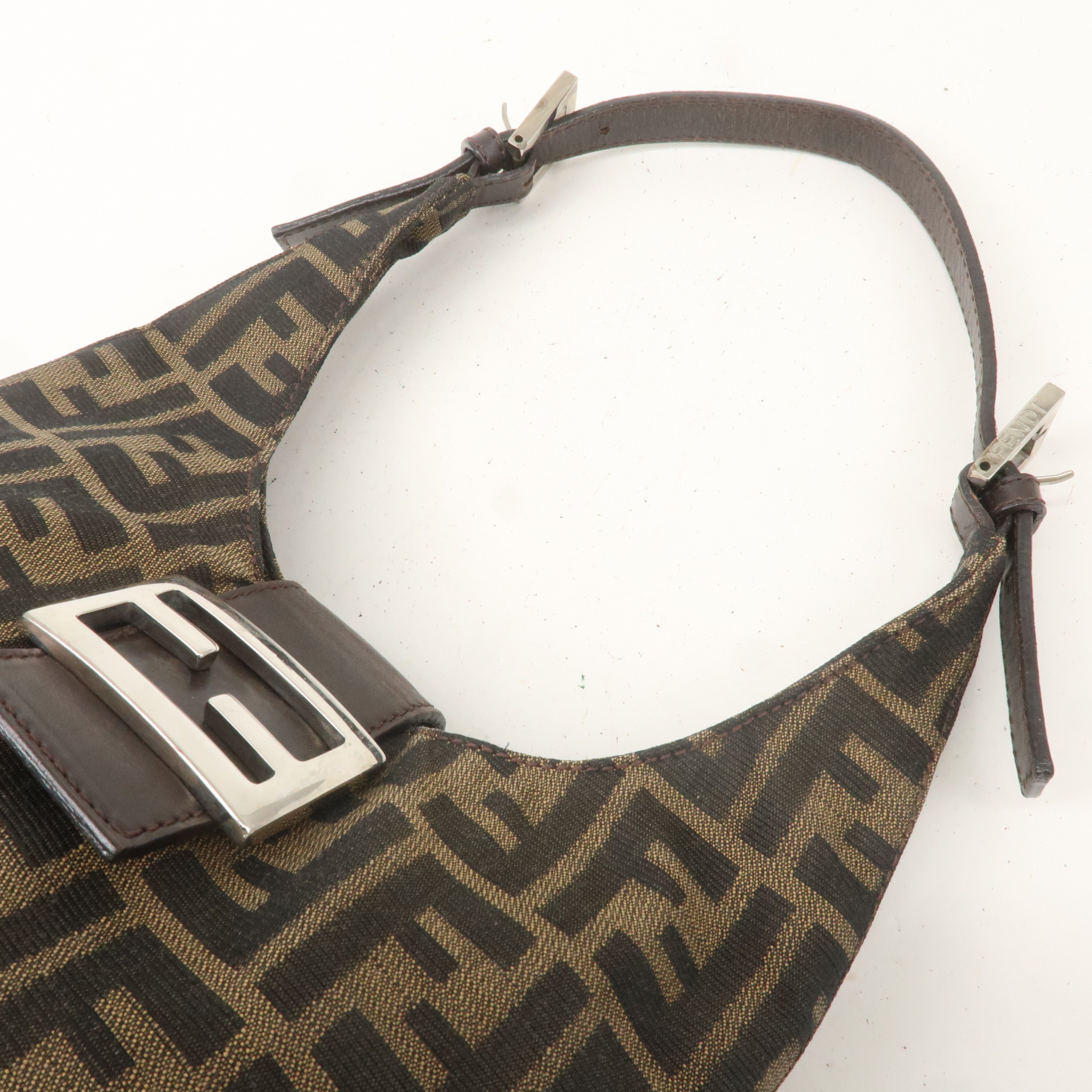 FENDI Zucca Canvas Leather Shoulder Bag Khaki Brown Black 26686