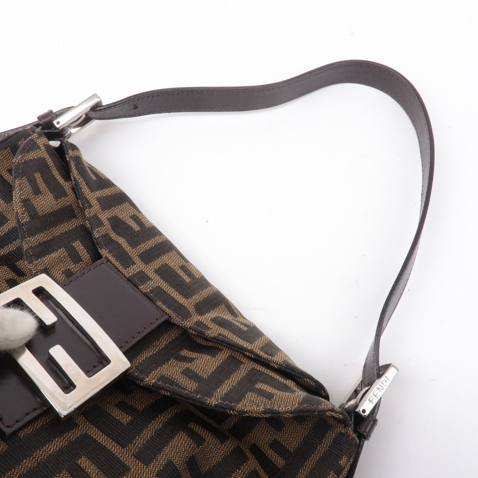 FENDI Zucca Canvas Leather Shoulder Bag Brown Black 26426