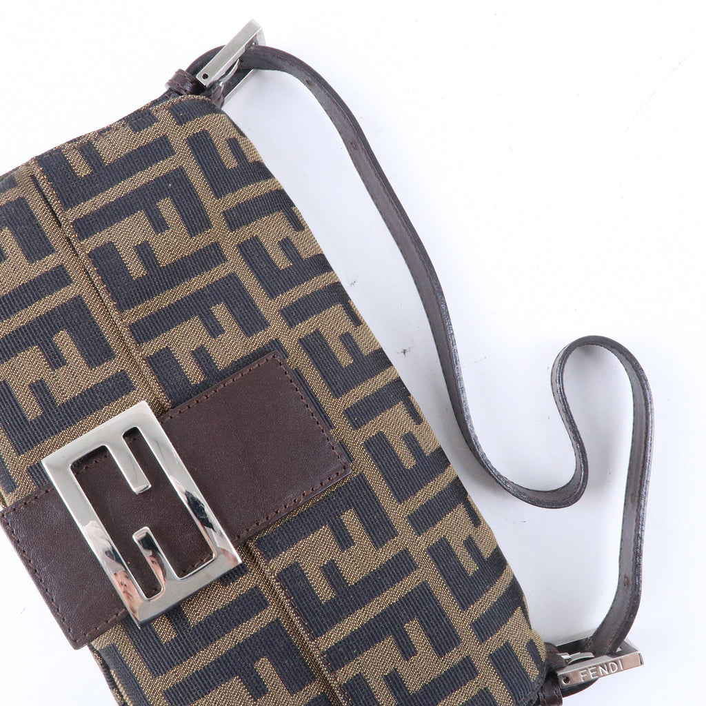 FENDI Mamma Baguette Zucca Canvas Leather Shoulder Bag Brown 26424