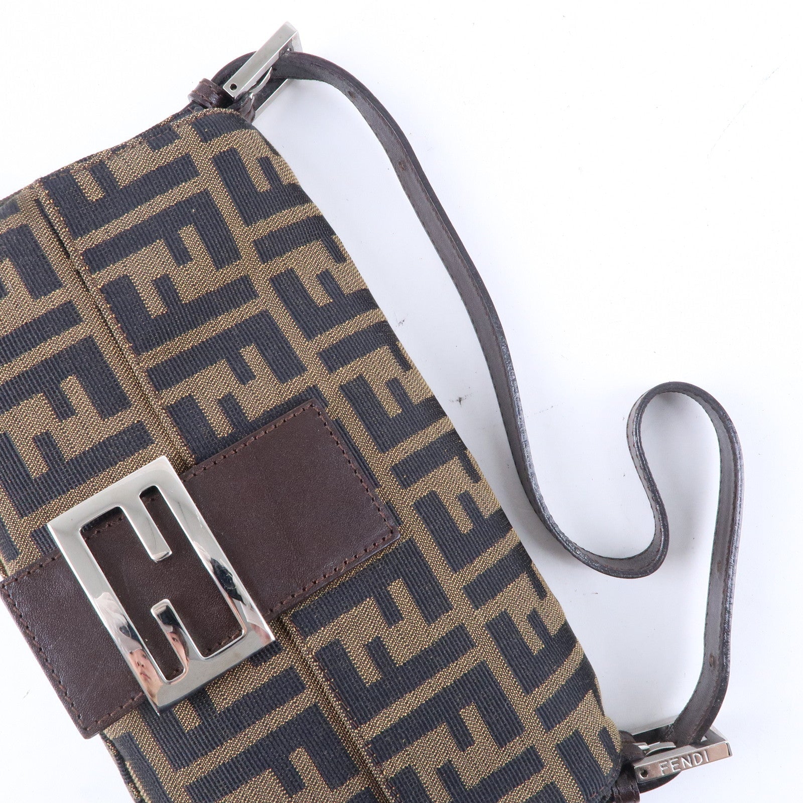 FENDI Mamma Baguette Zucca Canvas Leather Shoulder Bag Brown 26424