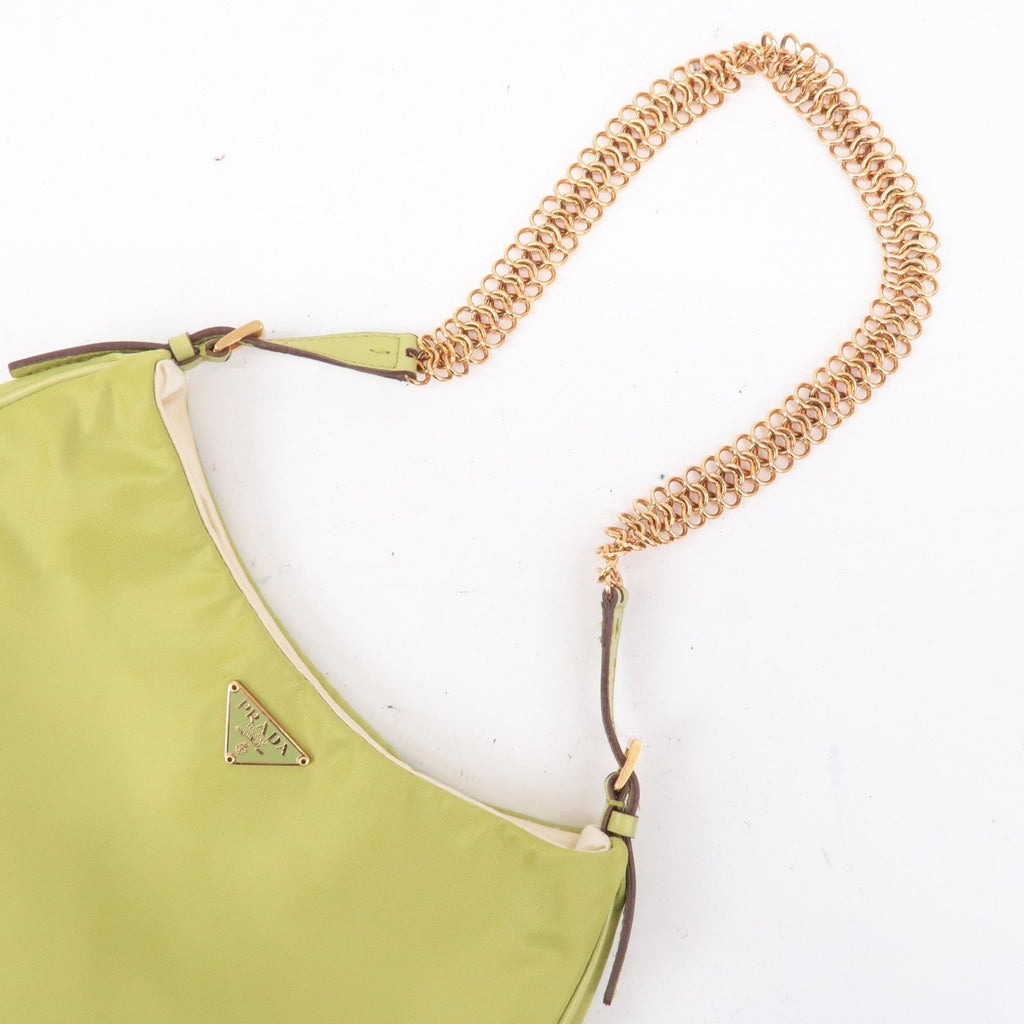 Prada Logo Nylon Leather Chain Shoulder Bag Light Green BR0104
