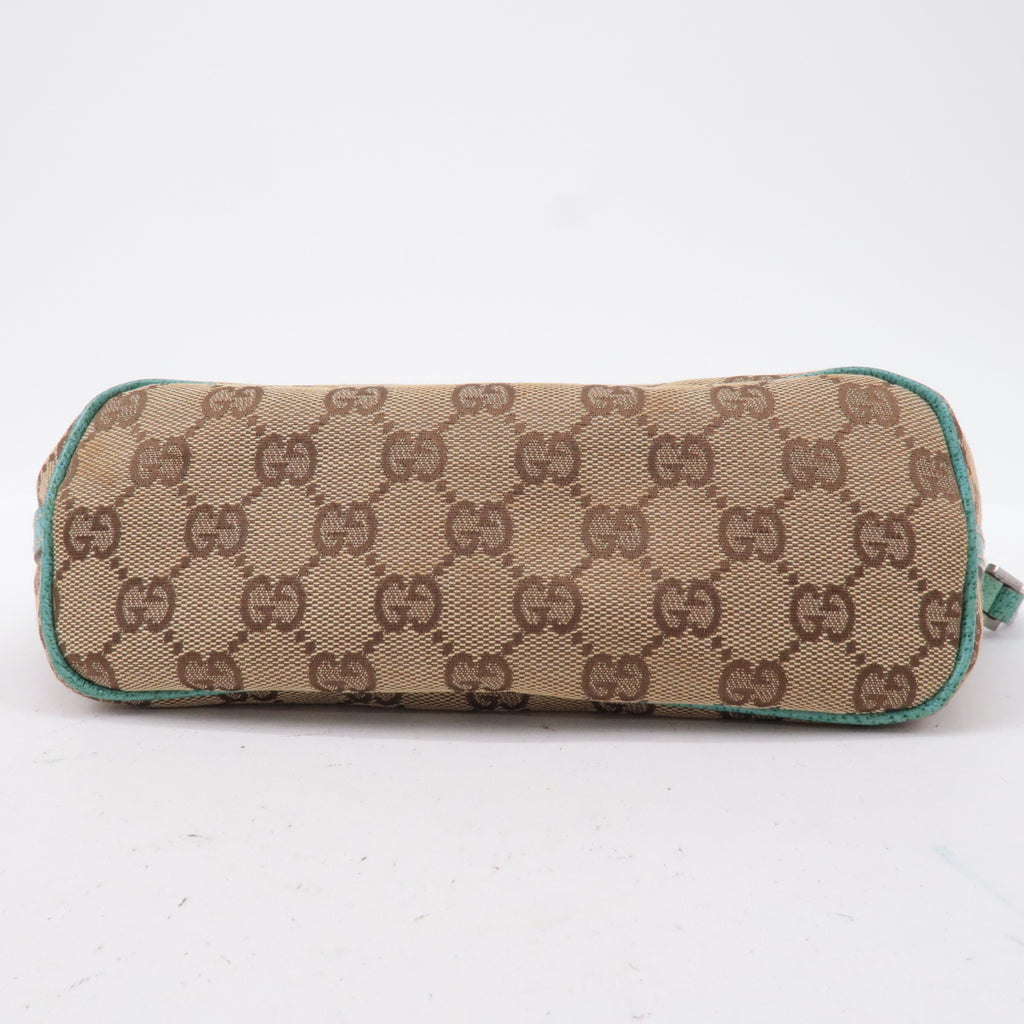 GUCCI Boat Bag GG Canvas Leather Pouch Emerald Green Beige 07198