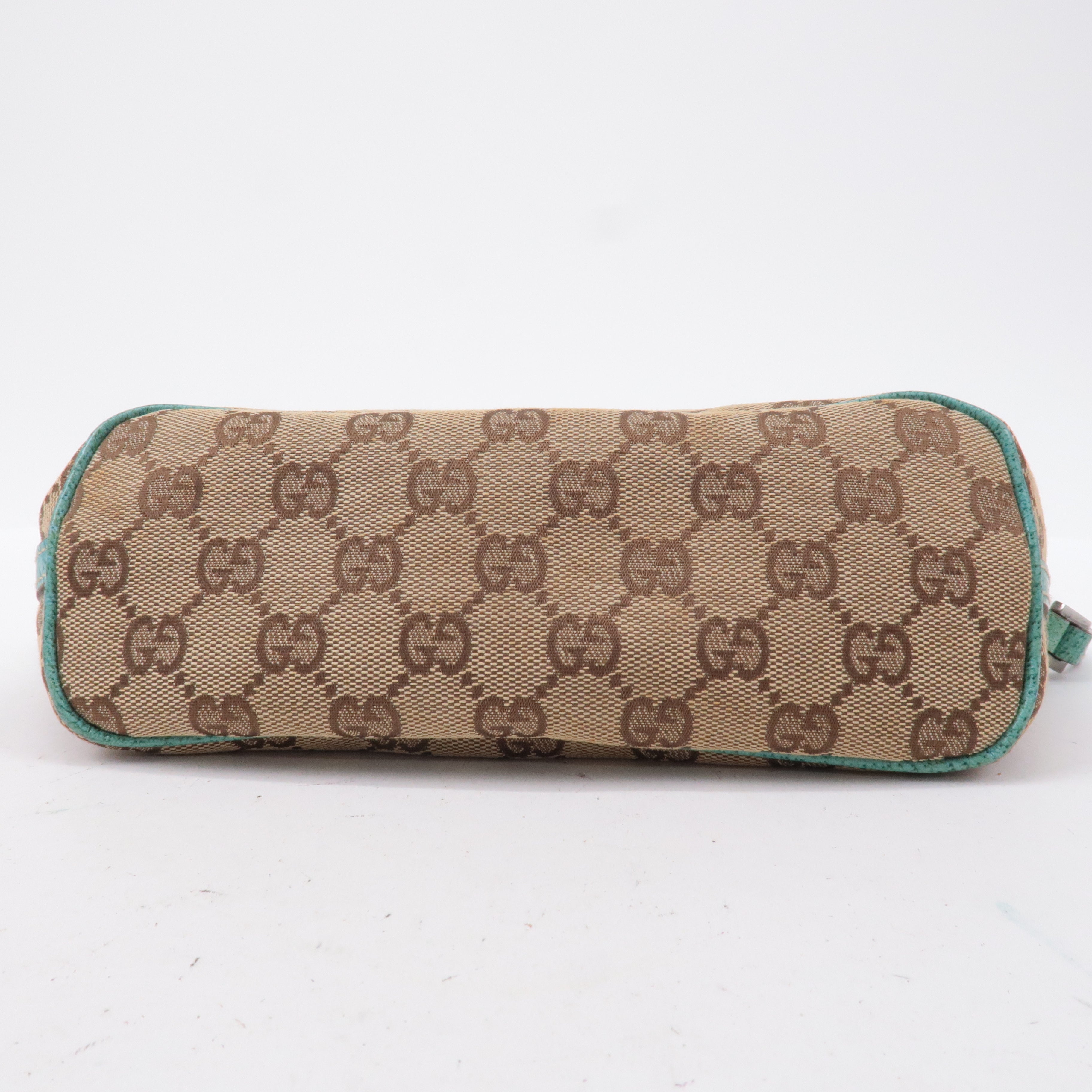 GUCCI Boat Bag GG Canvas Leather Pouch Emerald Green Beige 07198