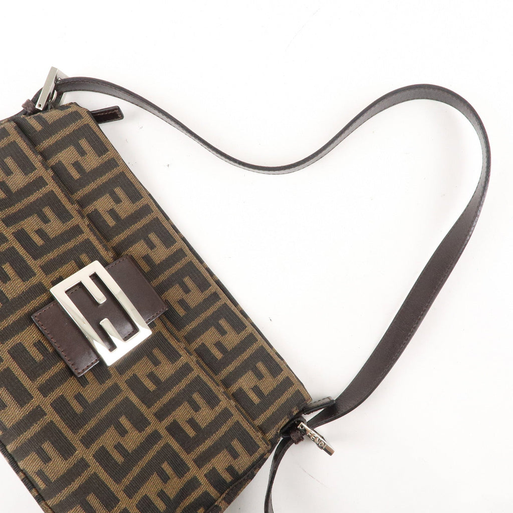 FENDI Zucca Canvas Leather Shoulder Bag Brown Black 26566