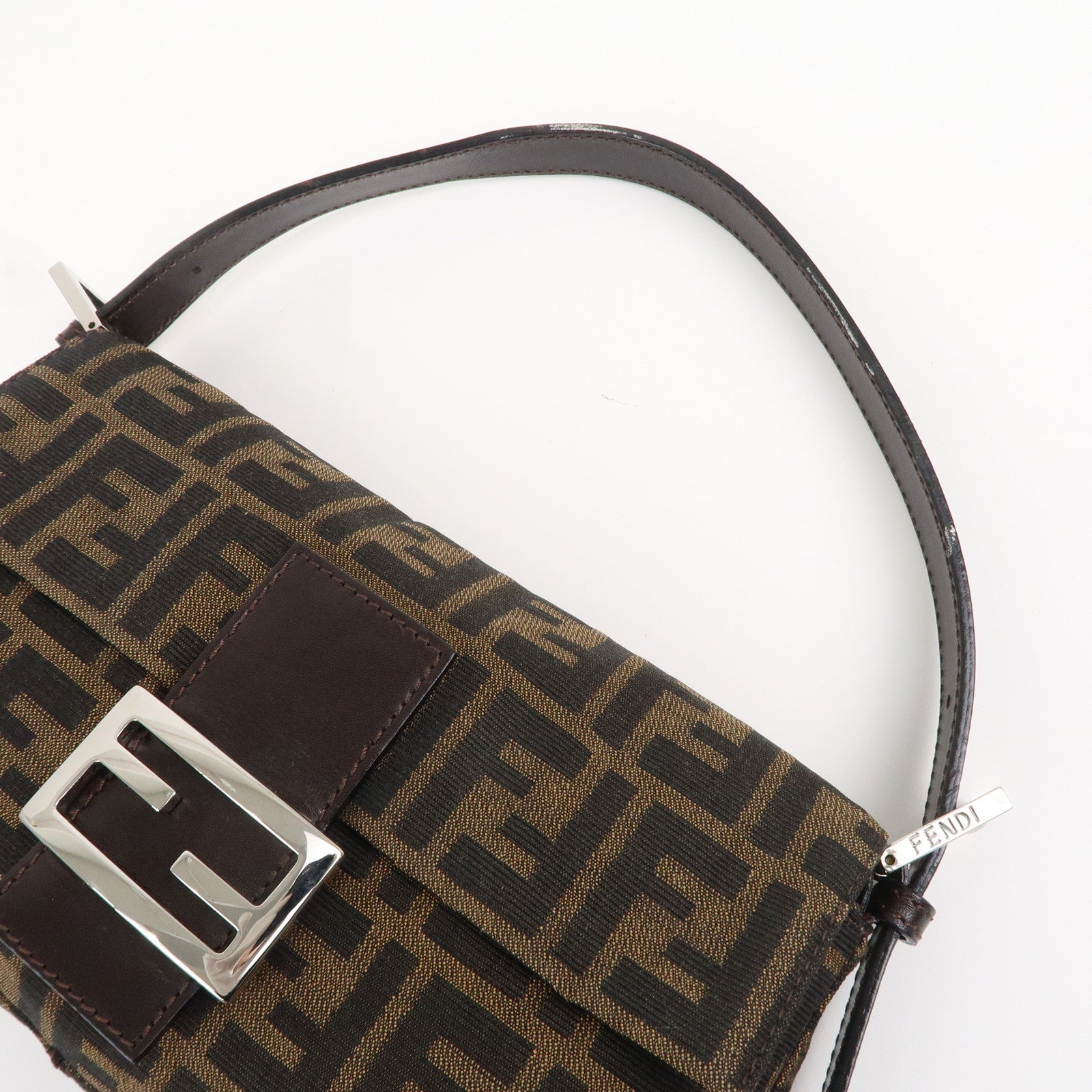 FENDI Mamma Baguette Canvas Leather Shoulder Bag Brown Black 26424