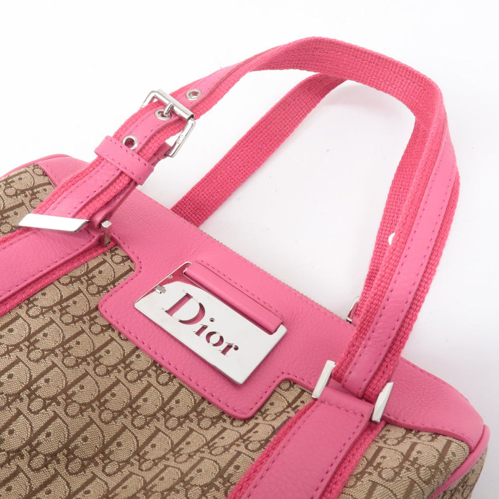 Christian Dior Trotter Canvas Leather Boston Bag Beige Pink