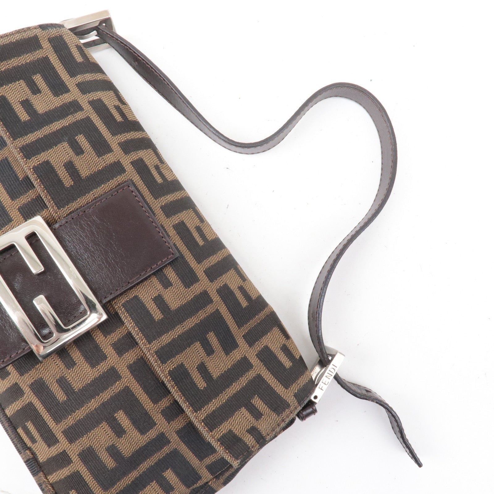 FENDI Mamma Baguette Zucca Canvas Leather Bag Brown 26424