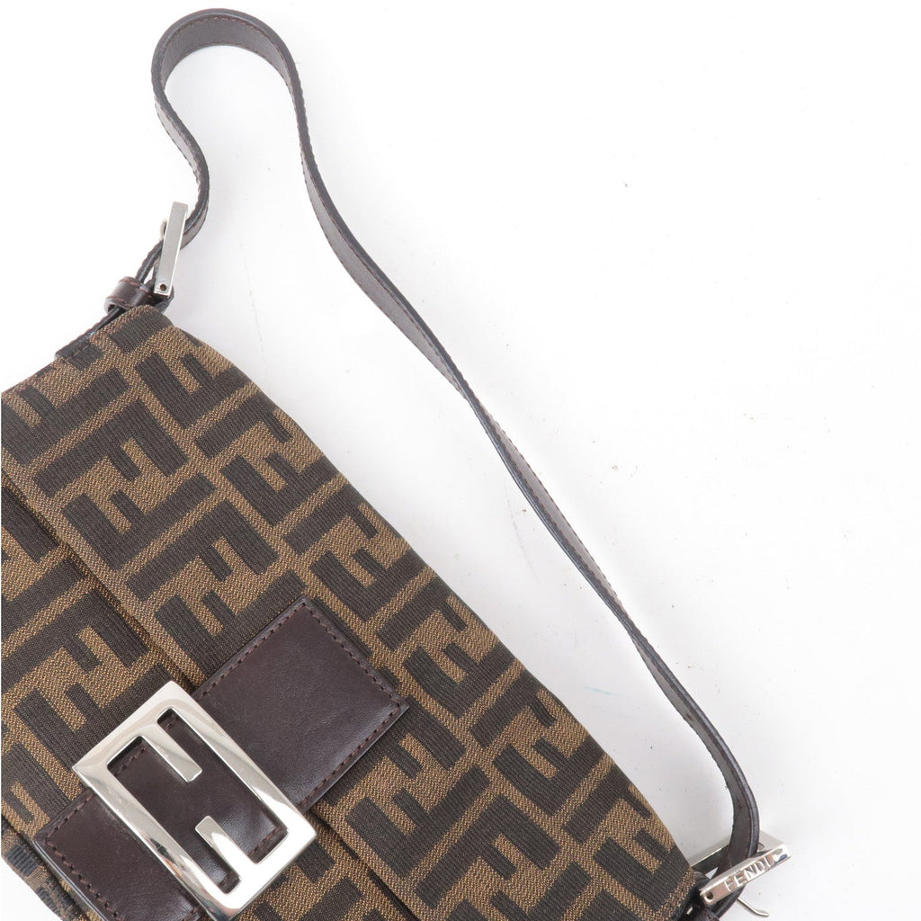 FENDI Mamma Baguette Zucca Canvas Leather Shoulder Bag Brown 26424