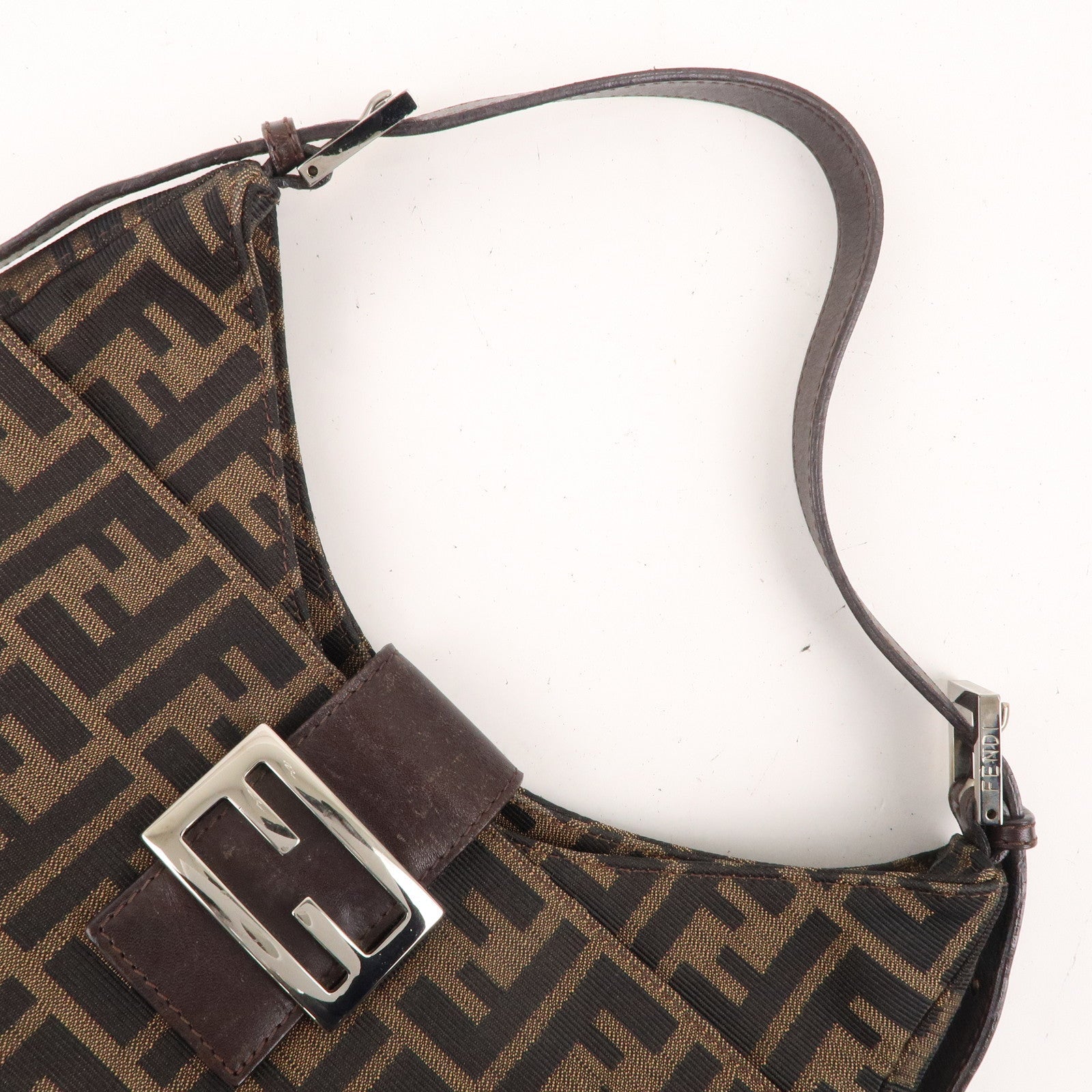 FENDI Zucca Canvas Leather Shoulder Bag Brown Black 26569