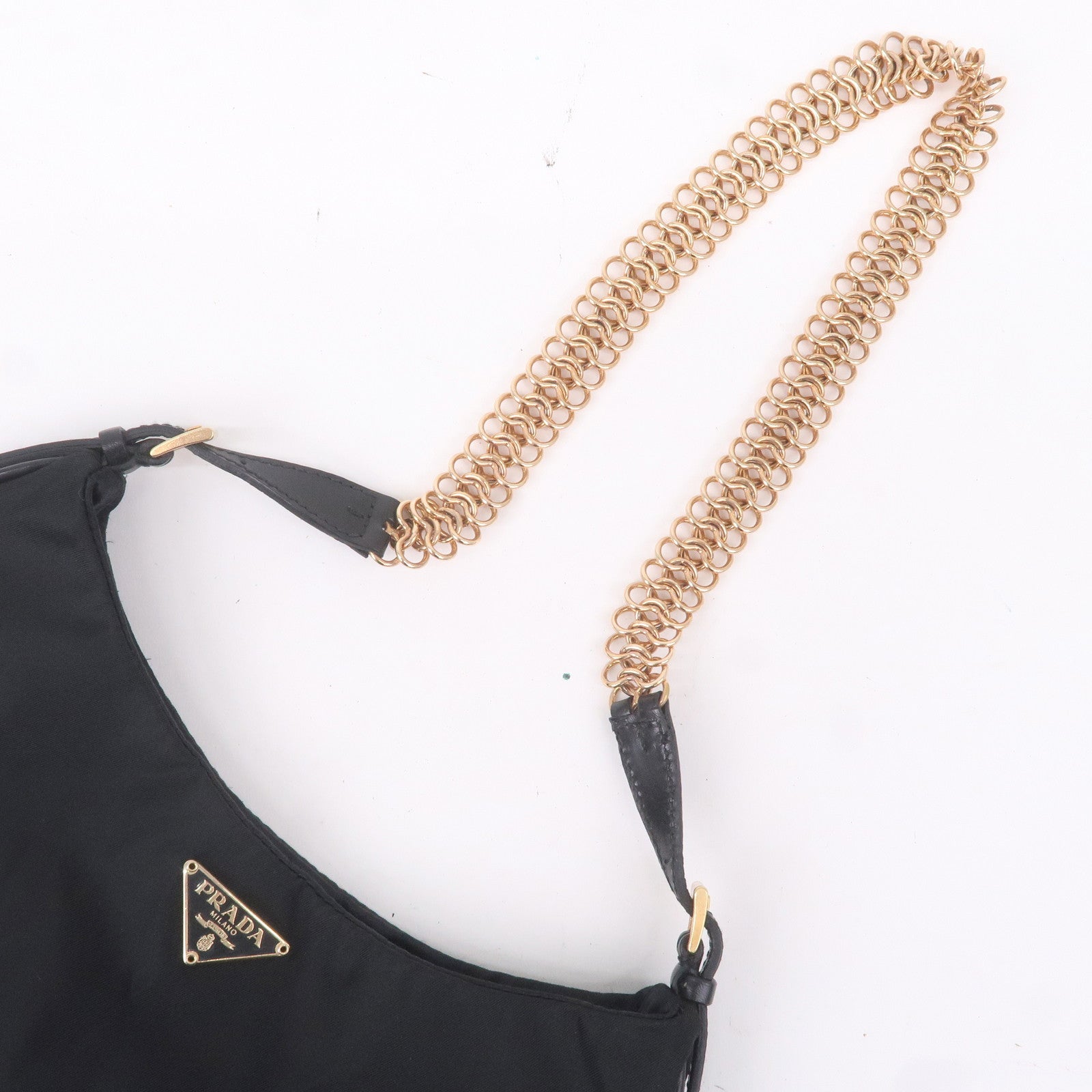 Prada Logo Nylon Leather Chain Shoulder Bag Purse Black BR0104