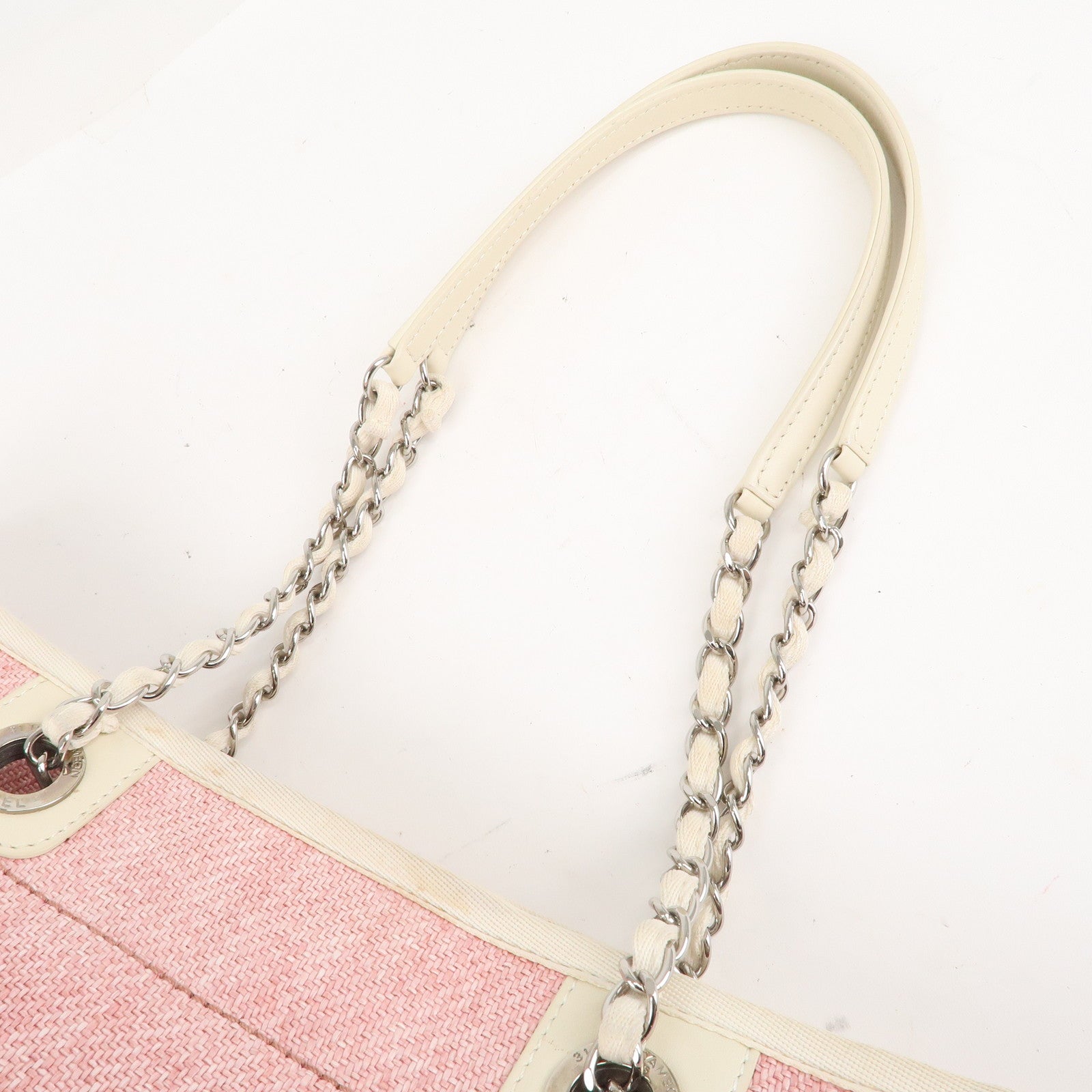 CHANEL Deauville MM Straw Leather Chain Tote Bag Pink A67001