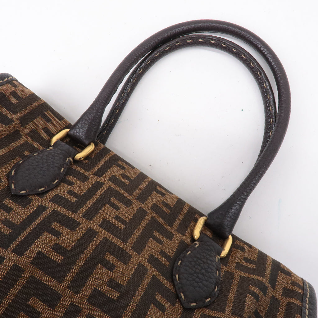 FENDI Selleria Zucca Canvas Leather Hand Bag Brown Black 8BN218