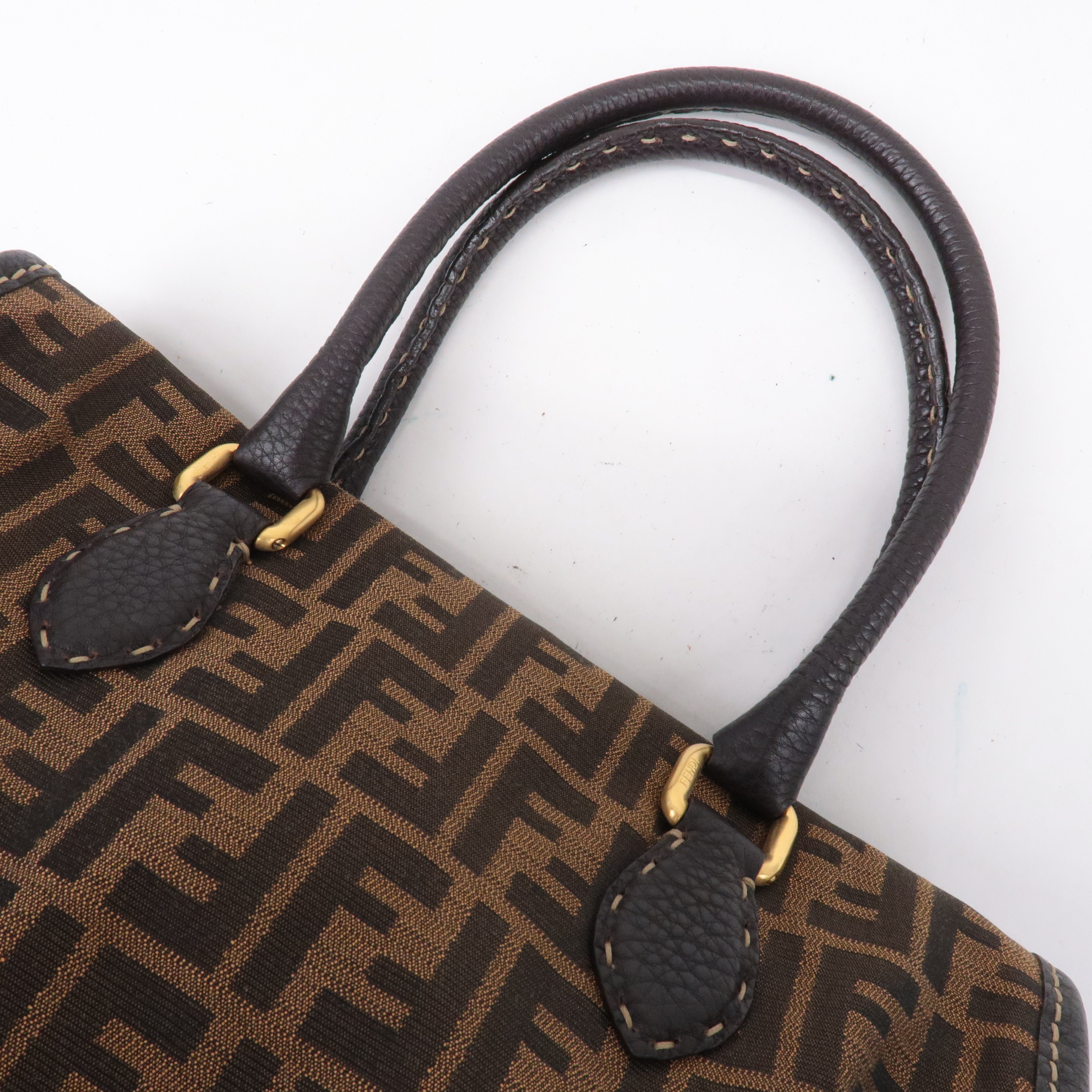 FENDI Selleria Zucca Canvas Leather Hand Bag Brown Black 8BN218