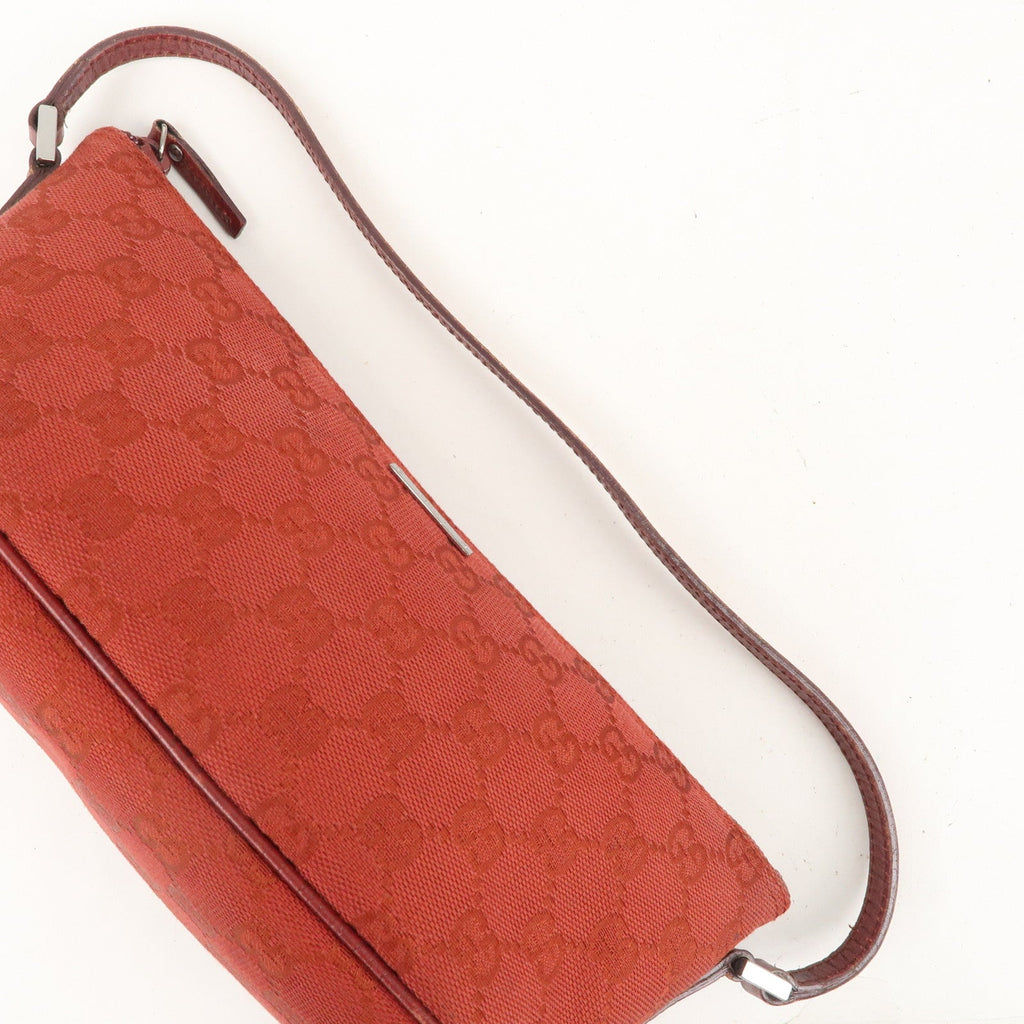 GUCCI Boat Bag GG Canvas Leather Hand Bag Pouch Red 07198