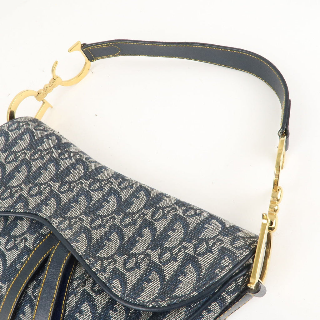 Christian Dior Saddle Bag Trotter Canvas Leather Shoulder Bag Navy