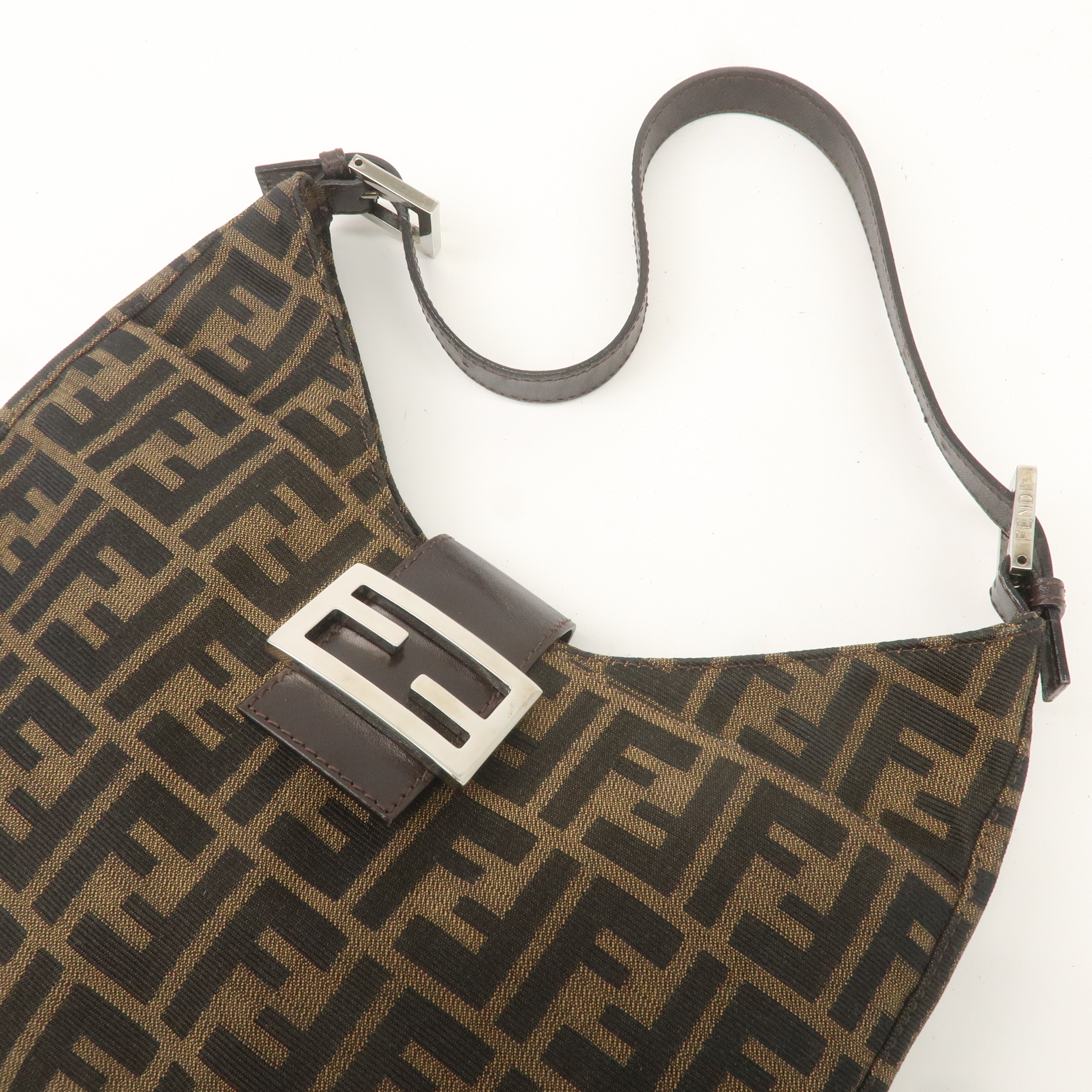 FENDI Zucca Canvas Leather Shoulder Bag Brown Black 26569