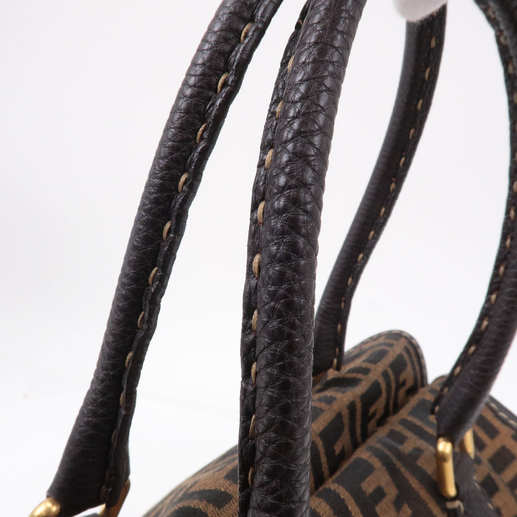 FENDI Selleria Zucca Canvas Leather Hand Bag Brown Black 8BN218