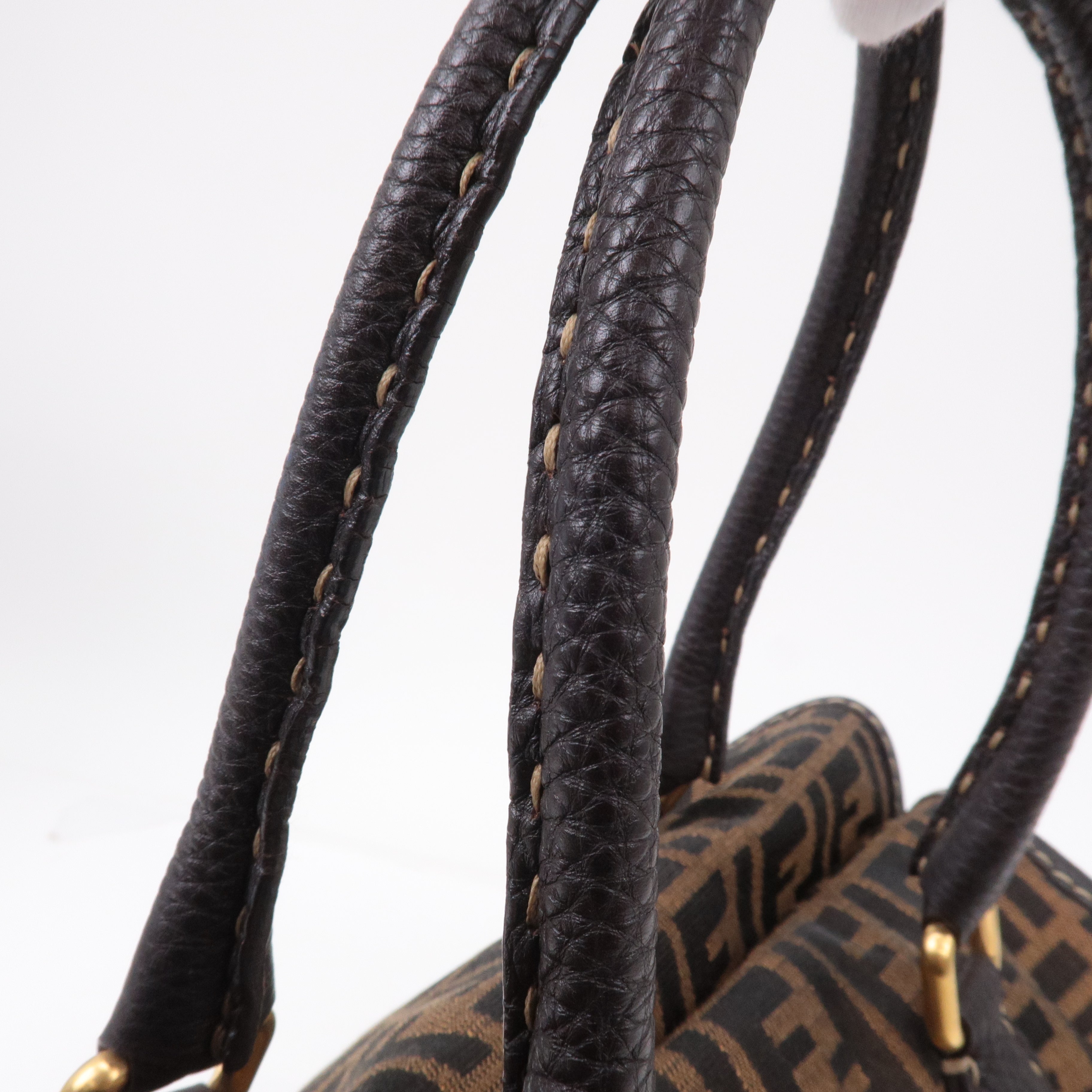 FENDI Selleria Zucca Canvas Leather Hand Bag Brown Black 8BN218