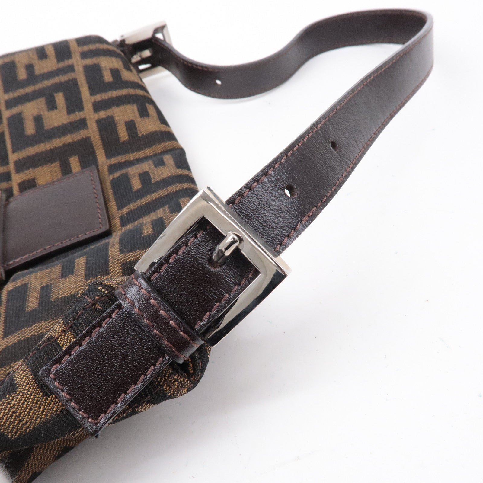 FENDI Mamma Baguette Zucca Canvas Leather Shoulder Bag Brown 26424