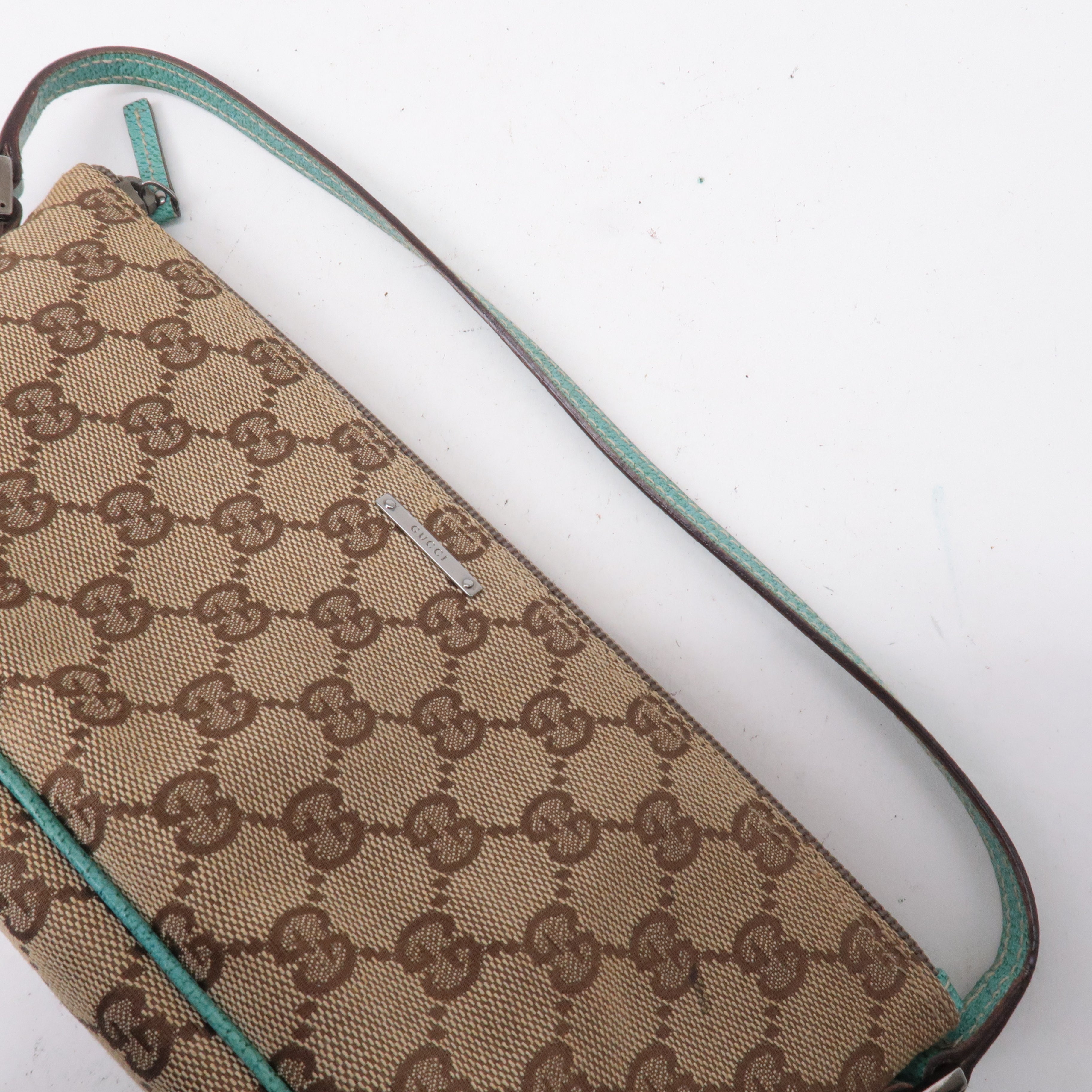 GUCCI Boat Bag GG Canvas Leather Pouch Emerald Green Beige 07198