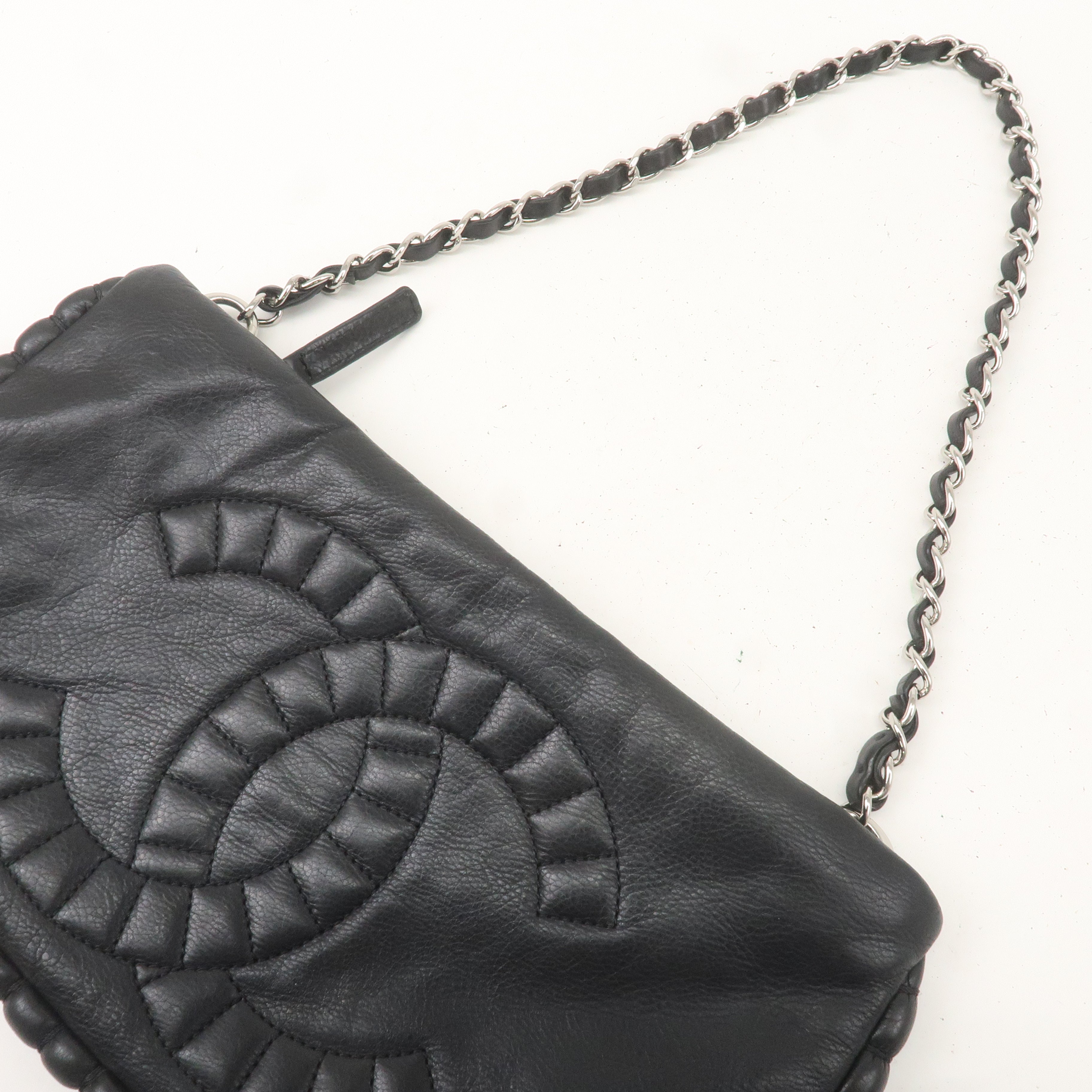 CHANEL Leather Chain Shoulder Bag Hand Bag Black Silver HDW