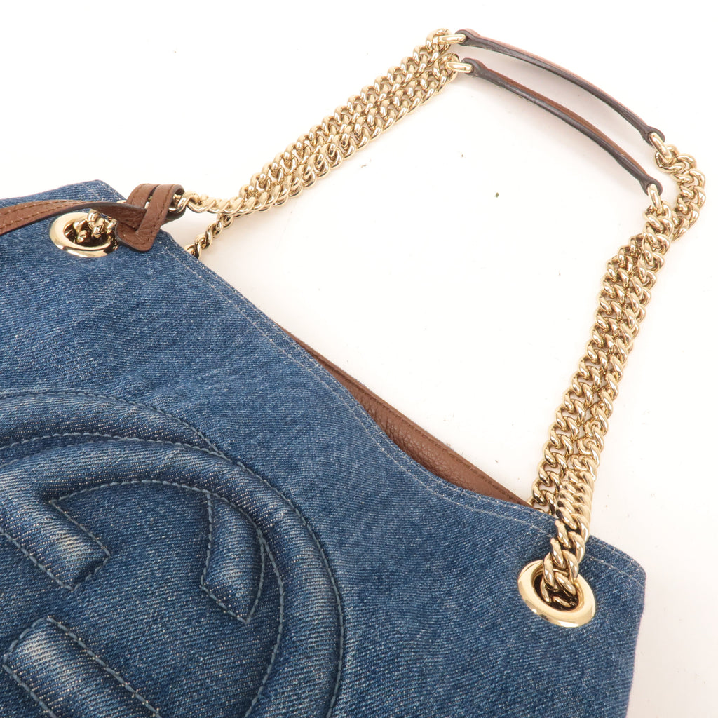 GUCCI SOHO Denim Leather Chain Shoulder Bag Blue Brown 308982