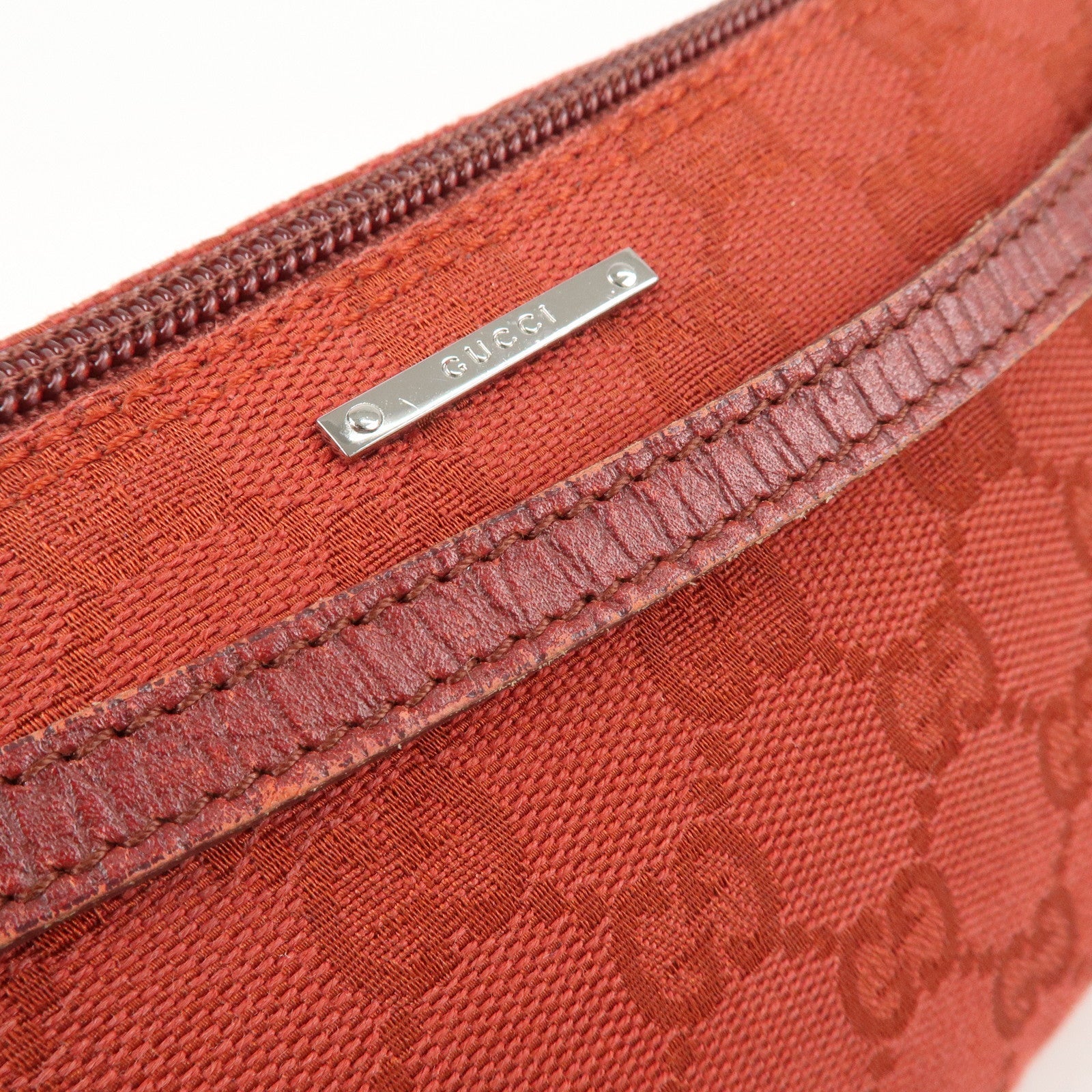 GUCCI Boat Bag GG Canvas Leather Hand Bag Pouch Red 07198