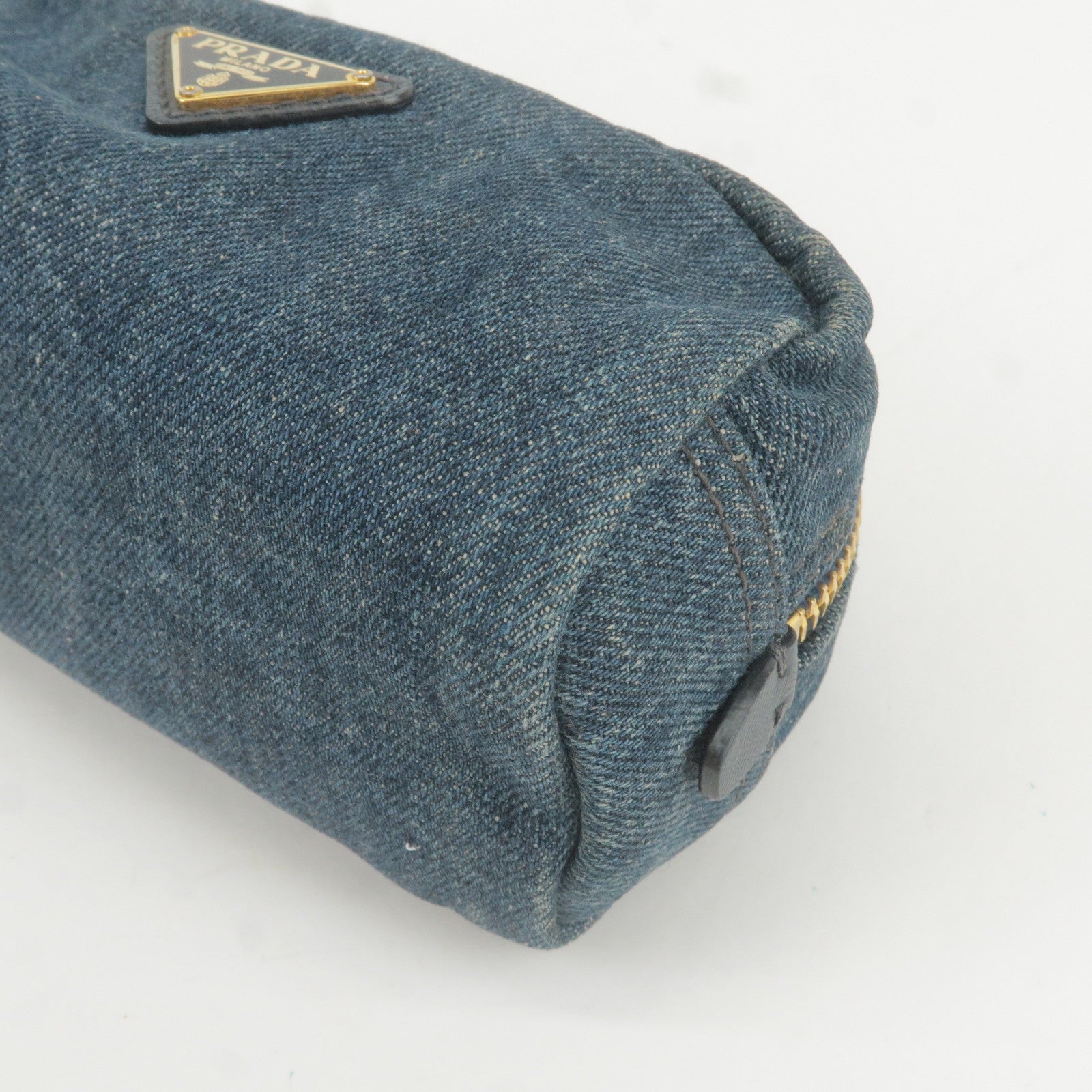 Prada Logo Denim Cosmetic Pouch Clutch Bag Navy Gold Metal