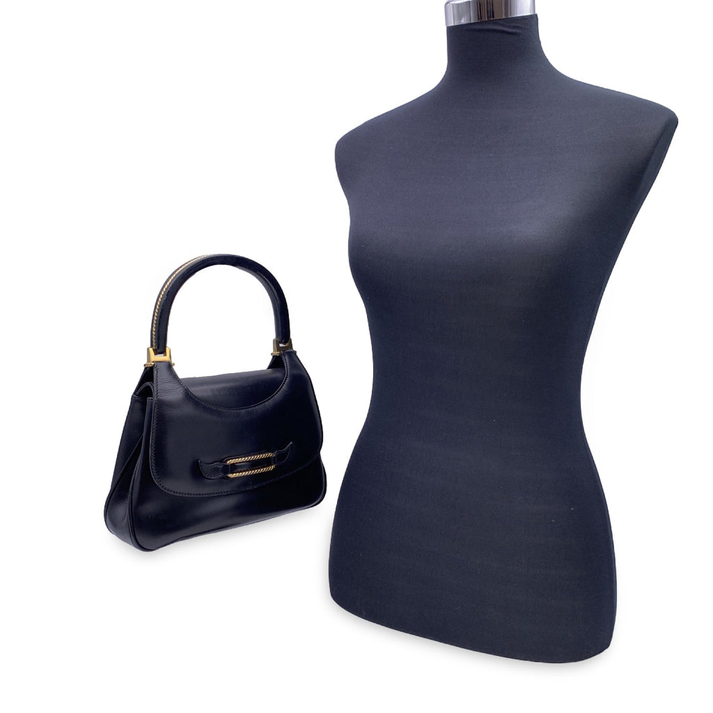 Gucci Vintage Black Leather Flap Handbag Top Handle Bag