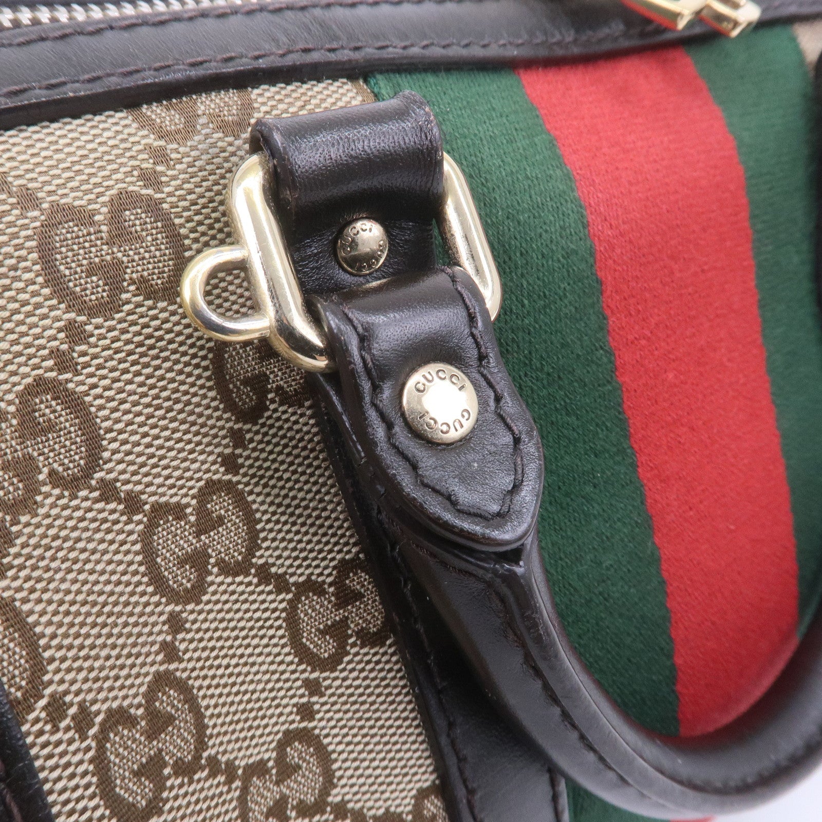 GUCCI Sherry GG Canvas Leather Boston Bag Beige Brown 269876