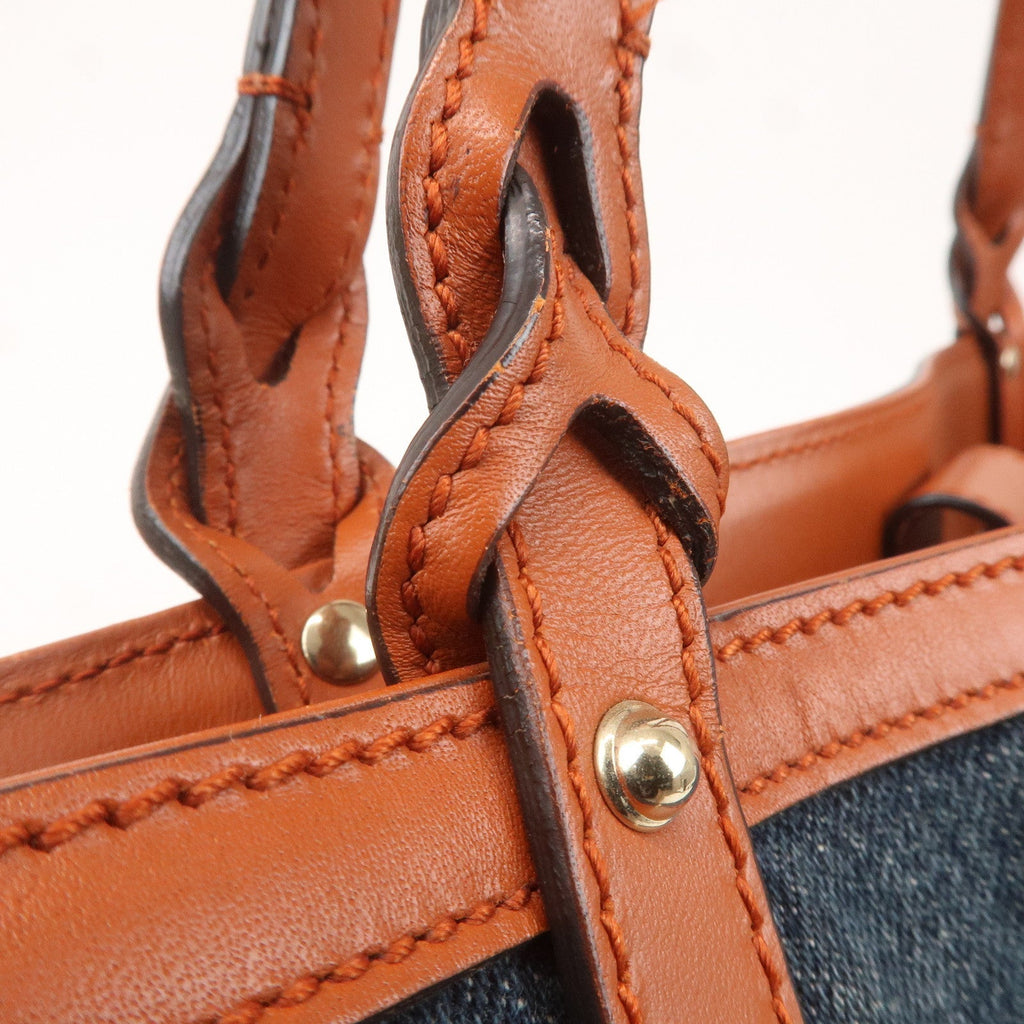 GUCCI Craft Denim Leather Tote Bag Hand Bag Navy Brown 348715