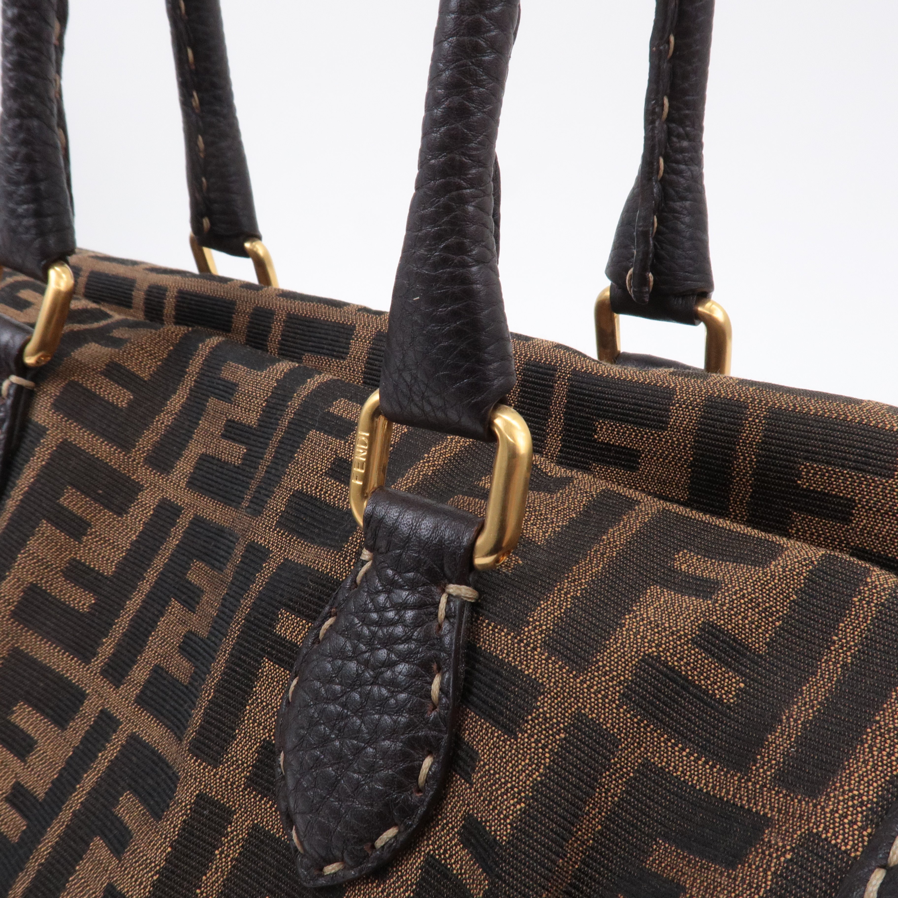 FENDI Selleria Zucca Canvas Leather Hand Bag Brown Black 8BN218