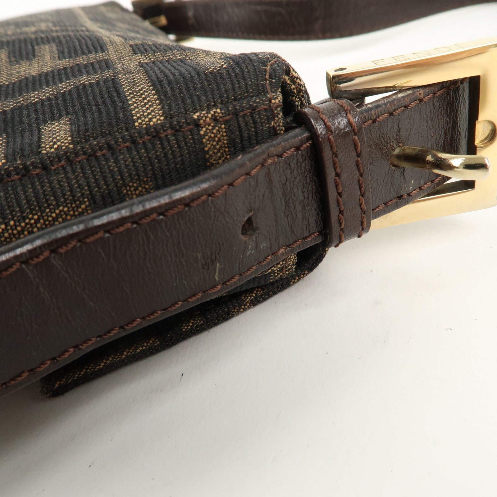 FENDI Mamma Baguette Canvas Leather Shoulder Bag Brown 26424
