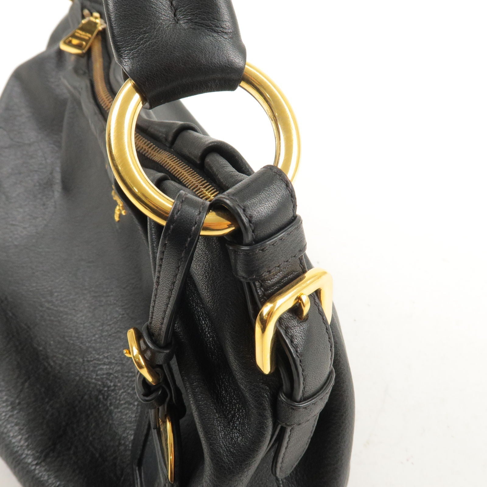 Prada Logo Leather Shoulder Bag Black Gold Hardware