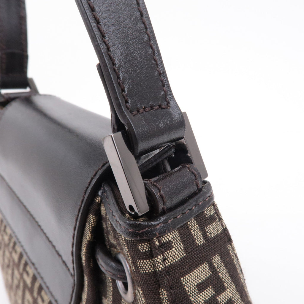 FENDI Zucchino Canvas Leather Shoulder Bag Brown Beige 8BR277