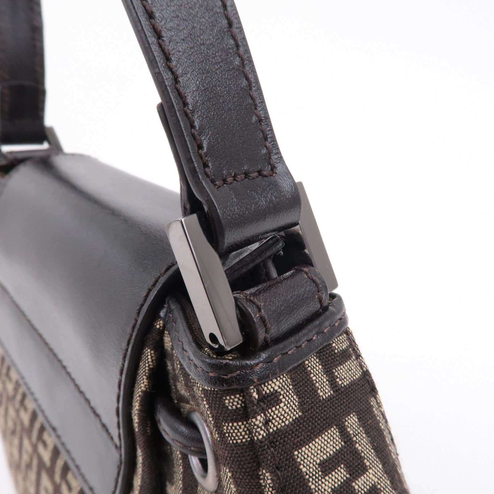 FENDI Zucchino Canvas Leather Shoulder Bag Brown Beige 8BR277