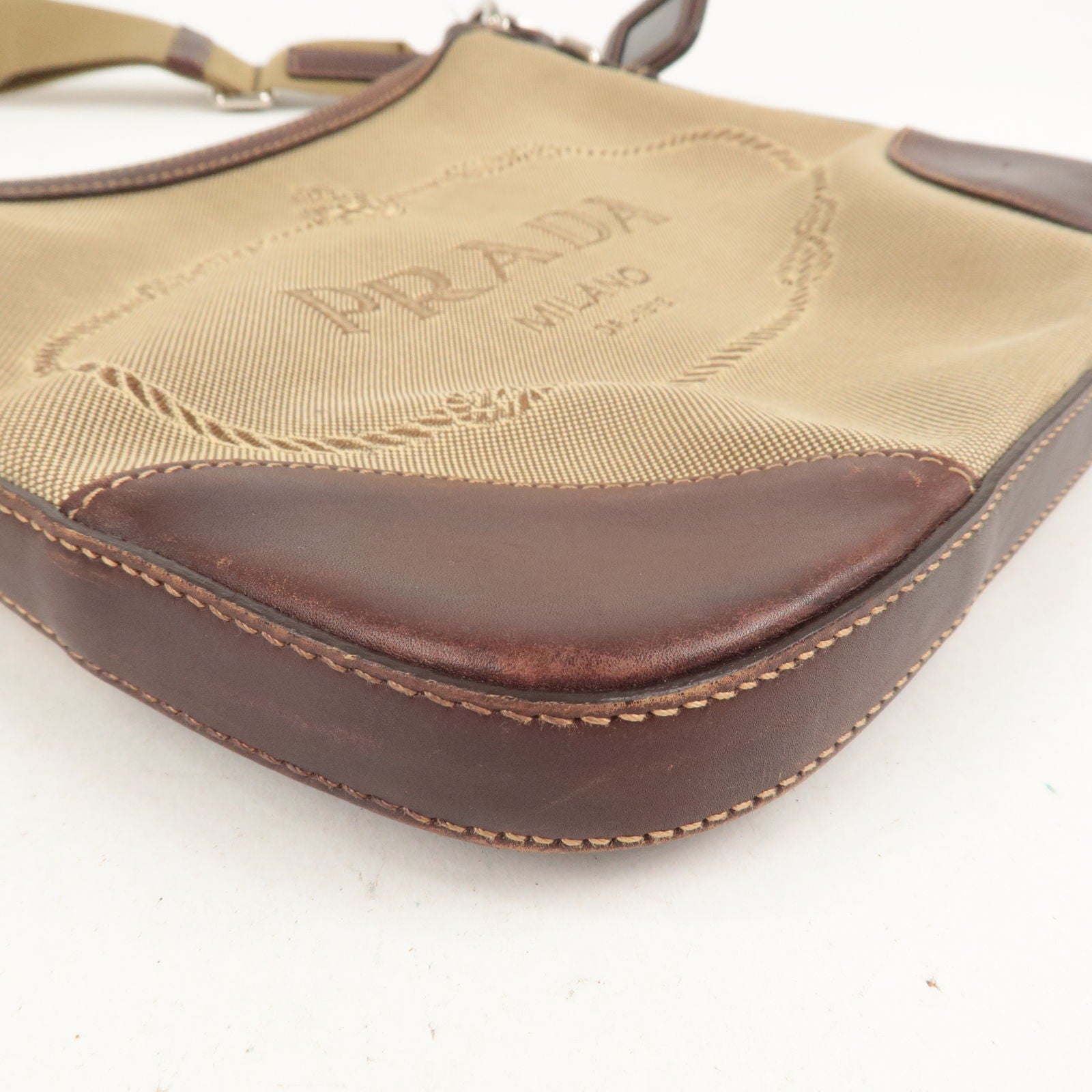 Prada Logo Jacquard Leather Shoulder Bag Beige Brown BT0533