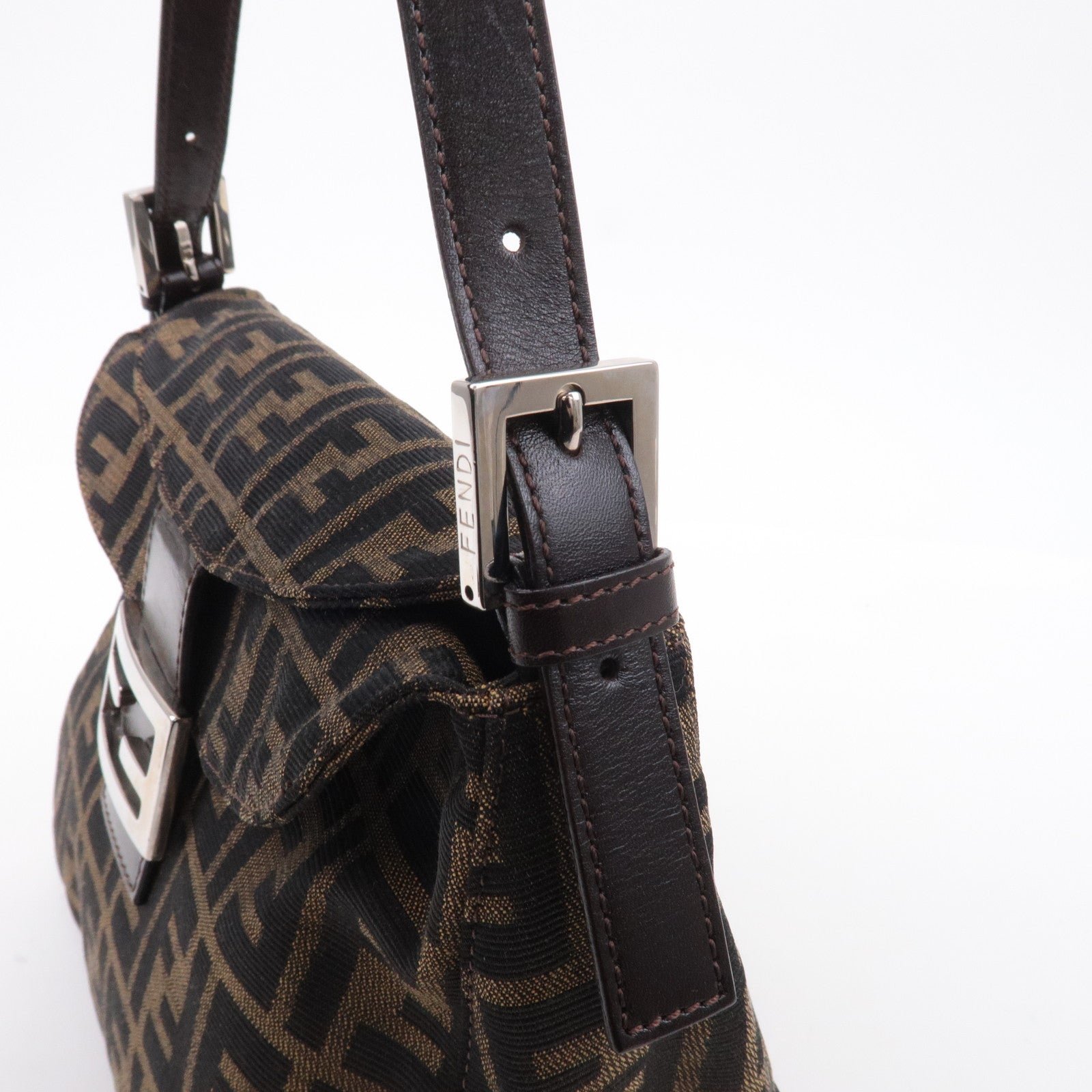 FENDI Zucca Canvas Leather Shoulder Bag Brown Black 26426