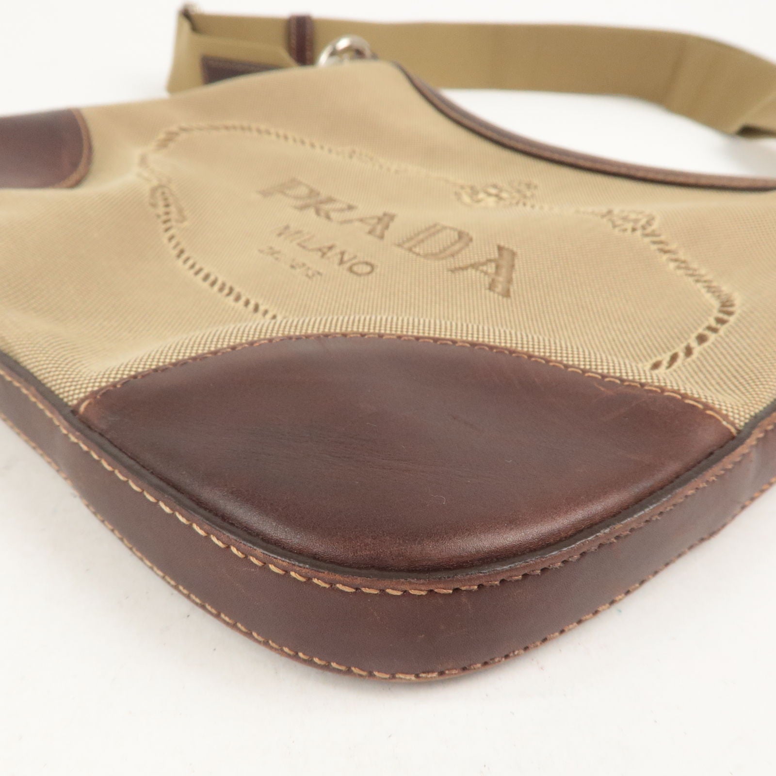 Prada Logo Jacquard Leather Shoulder Bag Beige Brown BT0533