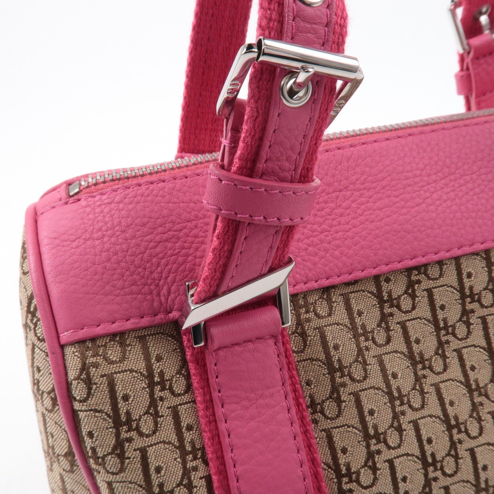 Christian Dior Trotter Canvas Leather Boston Bag Beige Pink