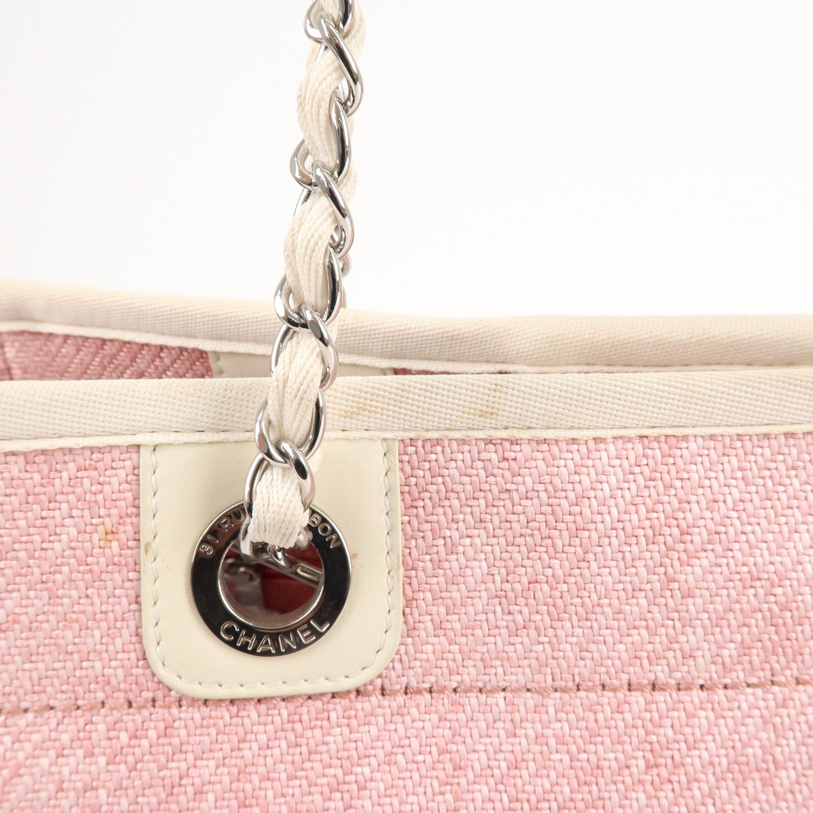 CHANEL Deauville MM Straw Leather Chain Tote Bag Pink A67001