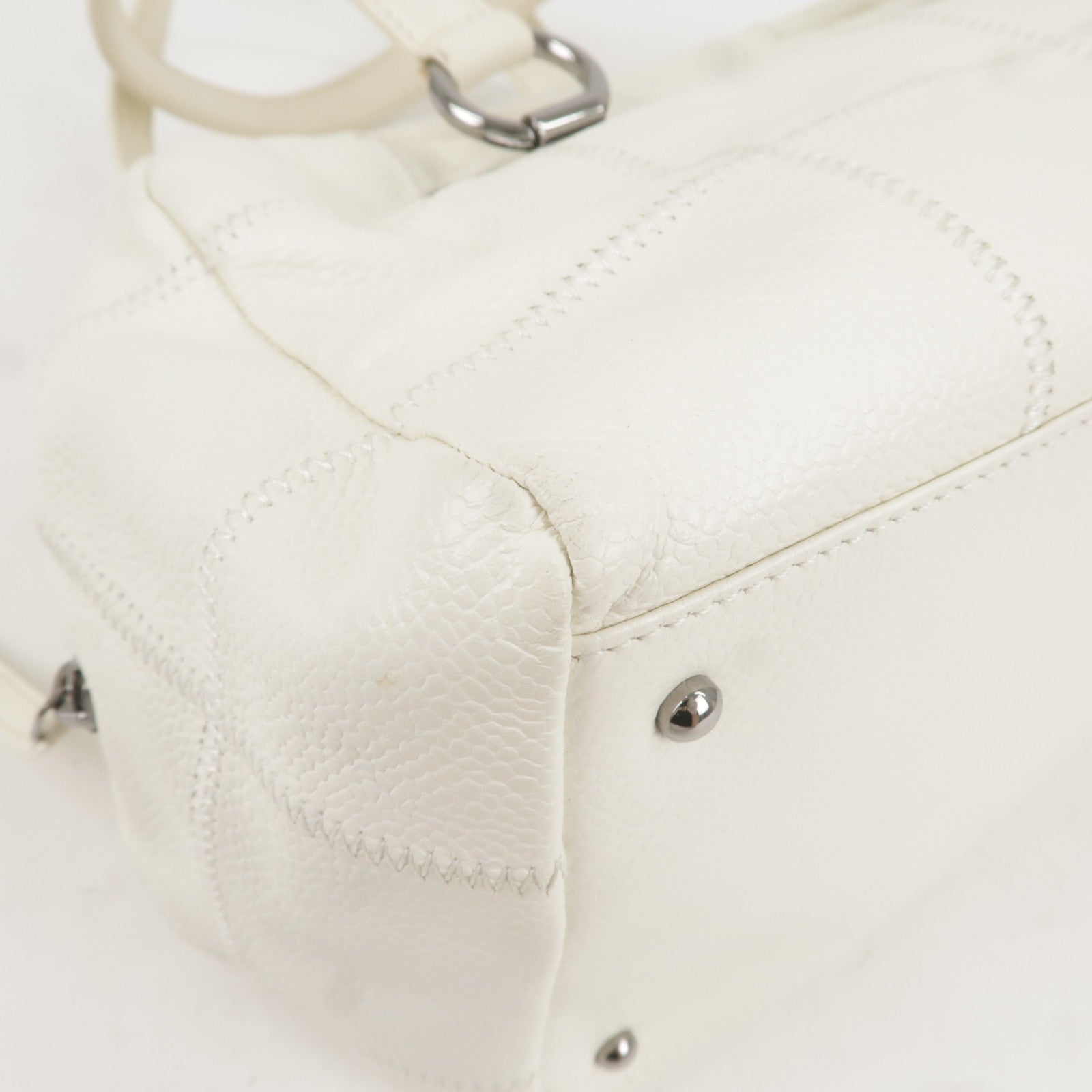 CHANEL Chocolate Bar Caviar Skin Mini Boston Bag White A26135