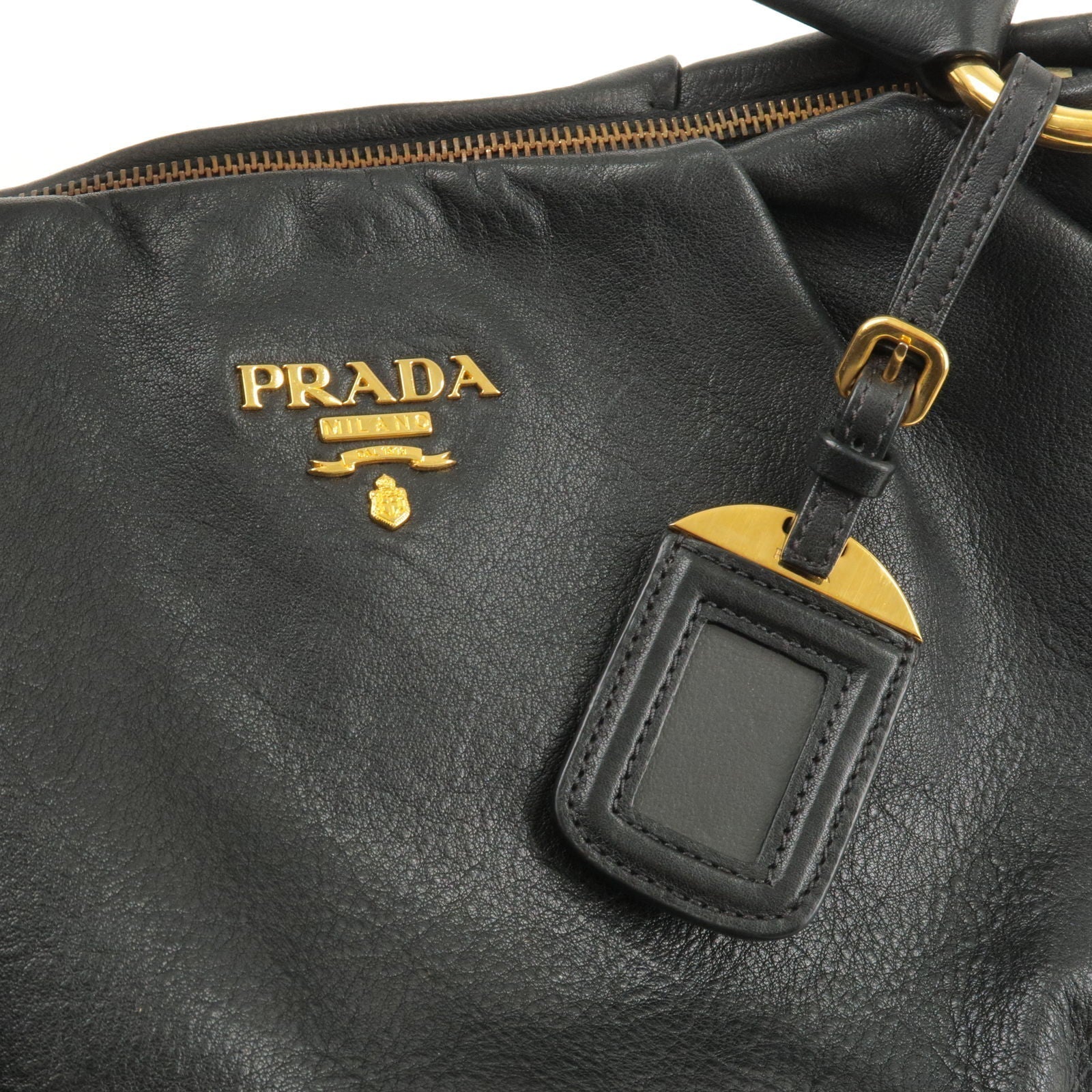 Prada Logo Leather Shoulder Bag Black Gold Hardware