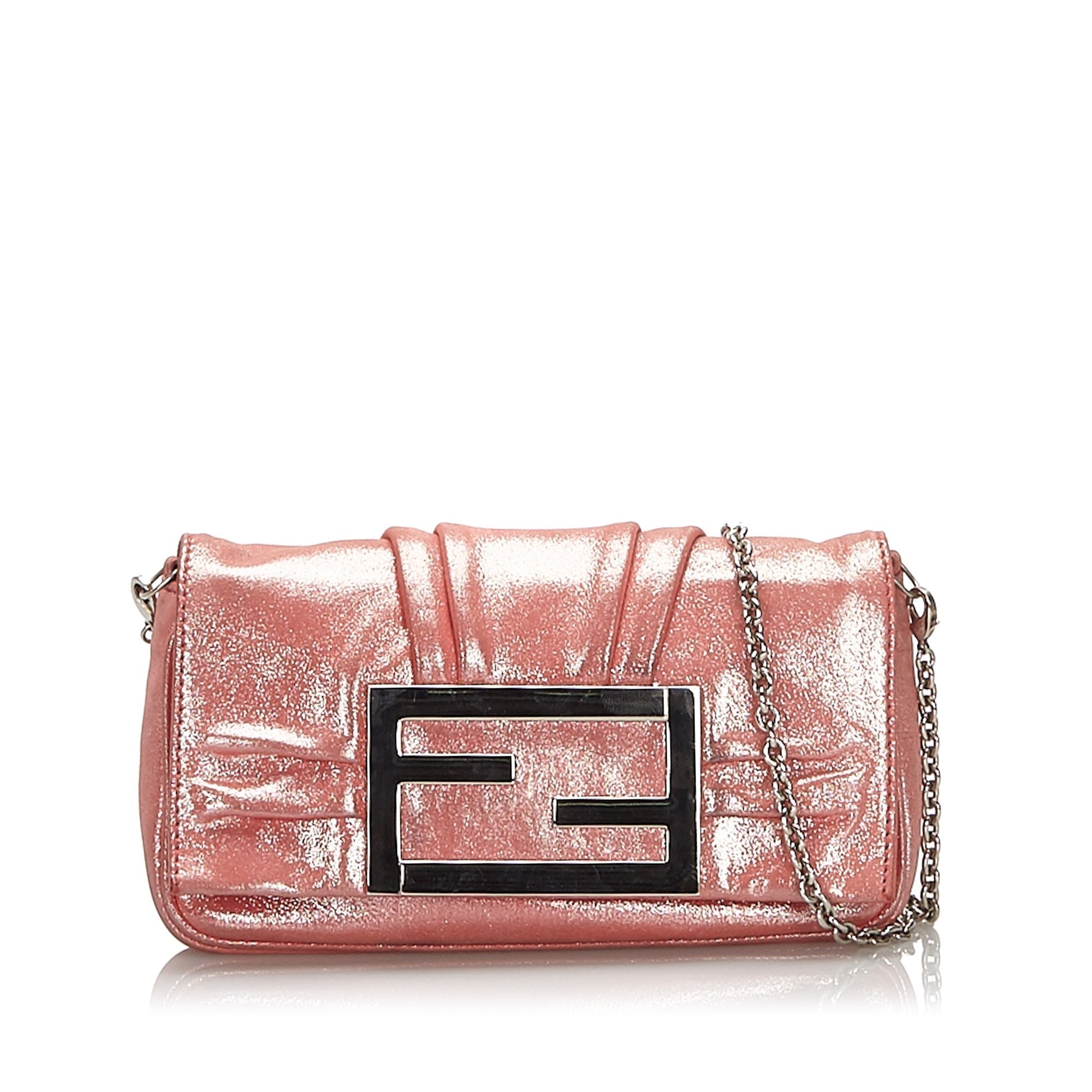 Pre-Loved Fendi Pink Chemical Fiber Fabric Metallic Chain Shoulder Bag Italy