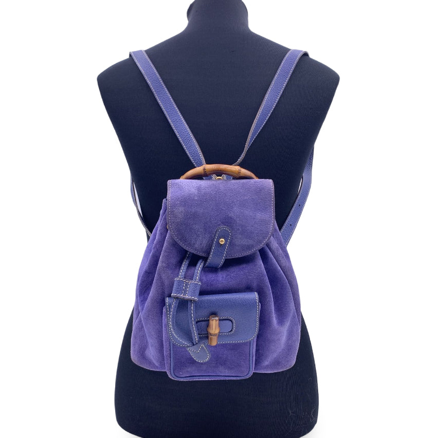 Gucci Vintage Perwinkle Suede Bamboo Small Backpack Shoulder Bag