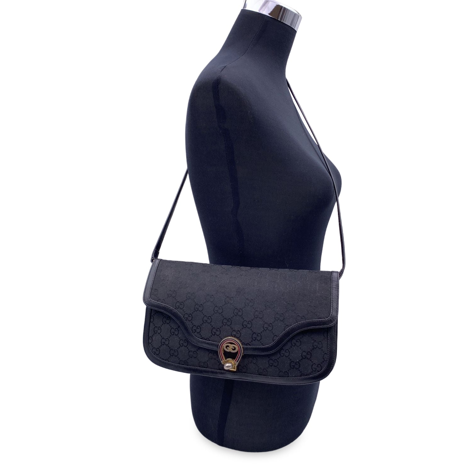 Gucci Vintage Black Monogram Canvas Convertible Shoulder Bag