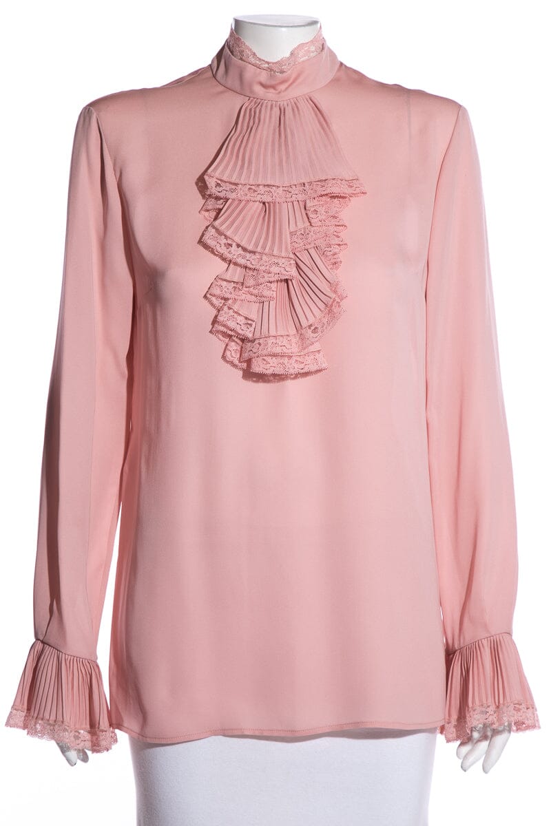 Gucci 2016 Ruffle Front Pink Silk Crepe Blouse SZ 44